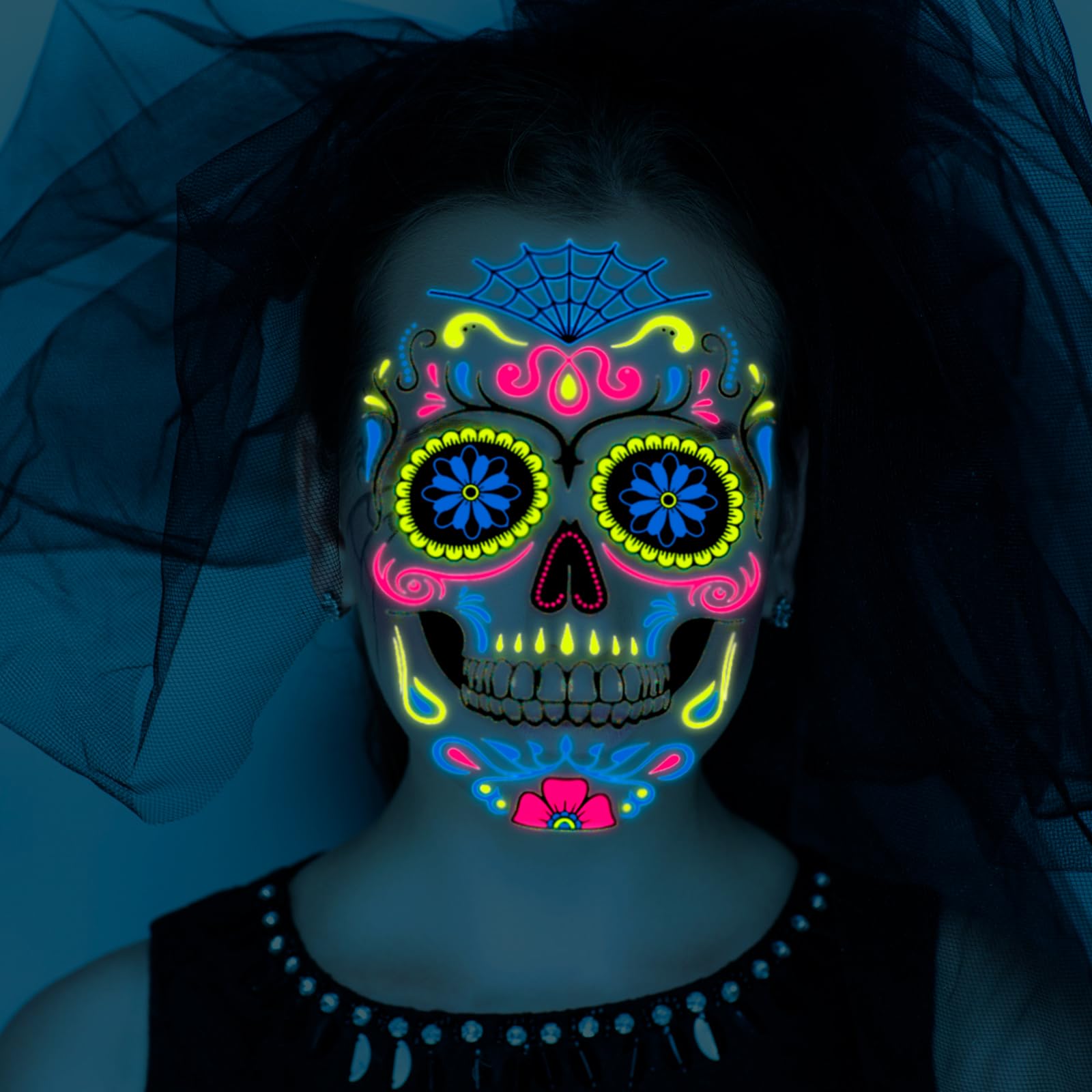 howaf-halloween-gesichtstattoos-neon-8-blatt-totenkopf image 5