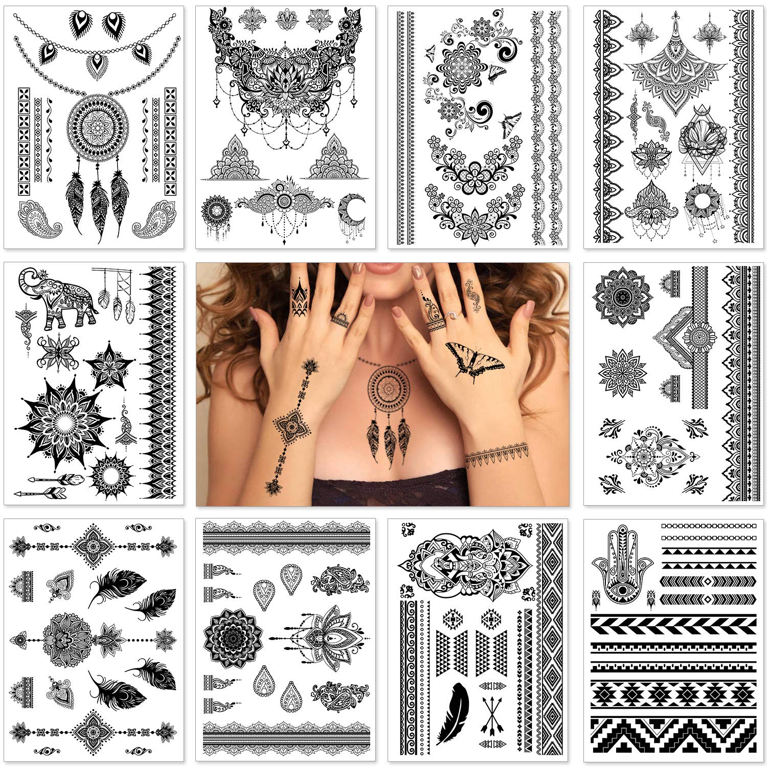 howaf-tempor-re-tattoos-schwarz-10-bl-tter-mandala-blume-feder image 2