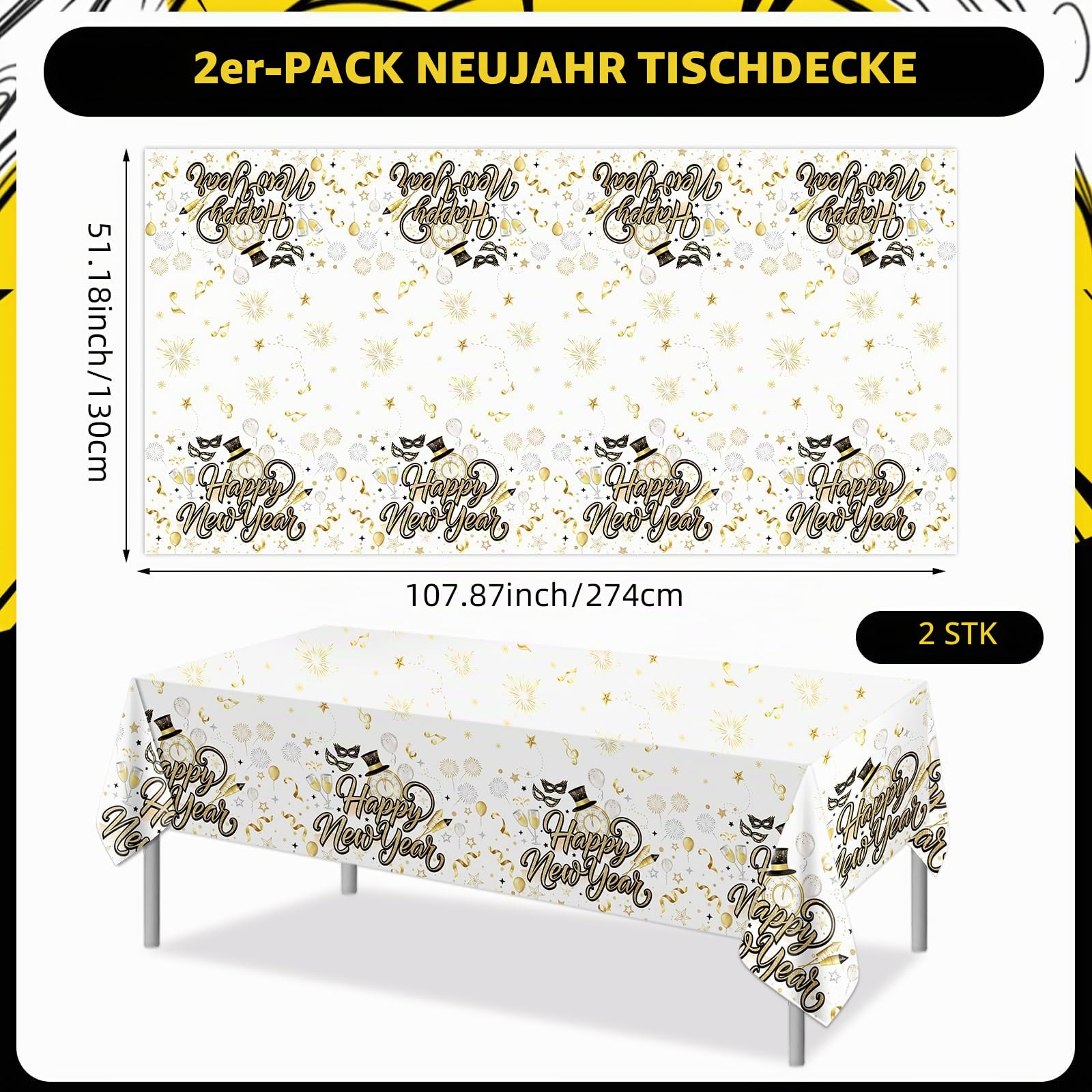 howaf-silvester-tischdecke-wei-gold-2er-set-274x130cm image 2