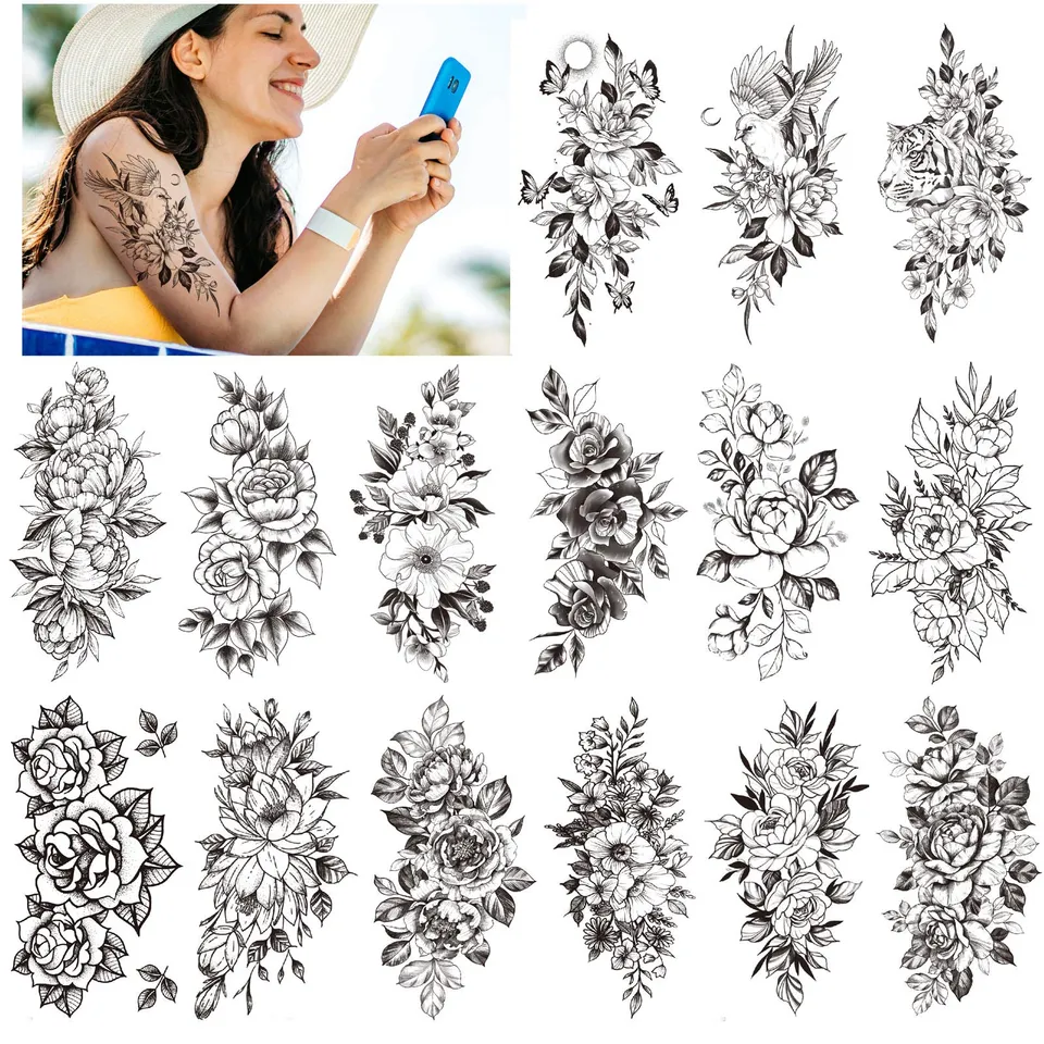 howaf-tempor-re-tattoos-schwarze-rose-15-bl-tter-wasserdicht image 1