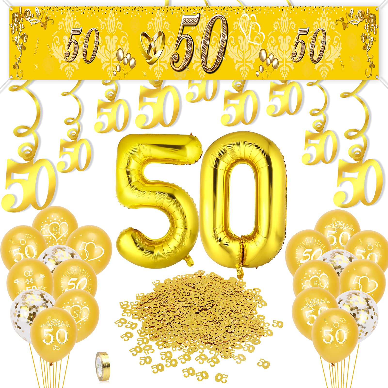 howaf-goldene-hochzeit-deko-set-gold-zahl-50-ballons-banner-konfetti image 1
