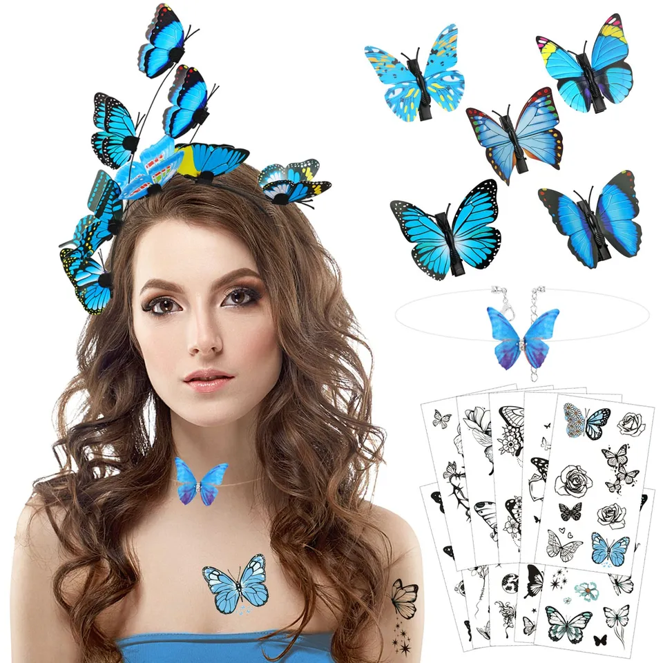 howaf-schmetterling-kost-m-set-blau-haarreif-tattoos-damen image 1