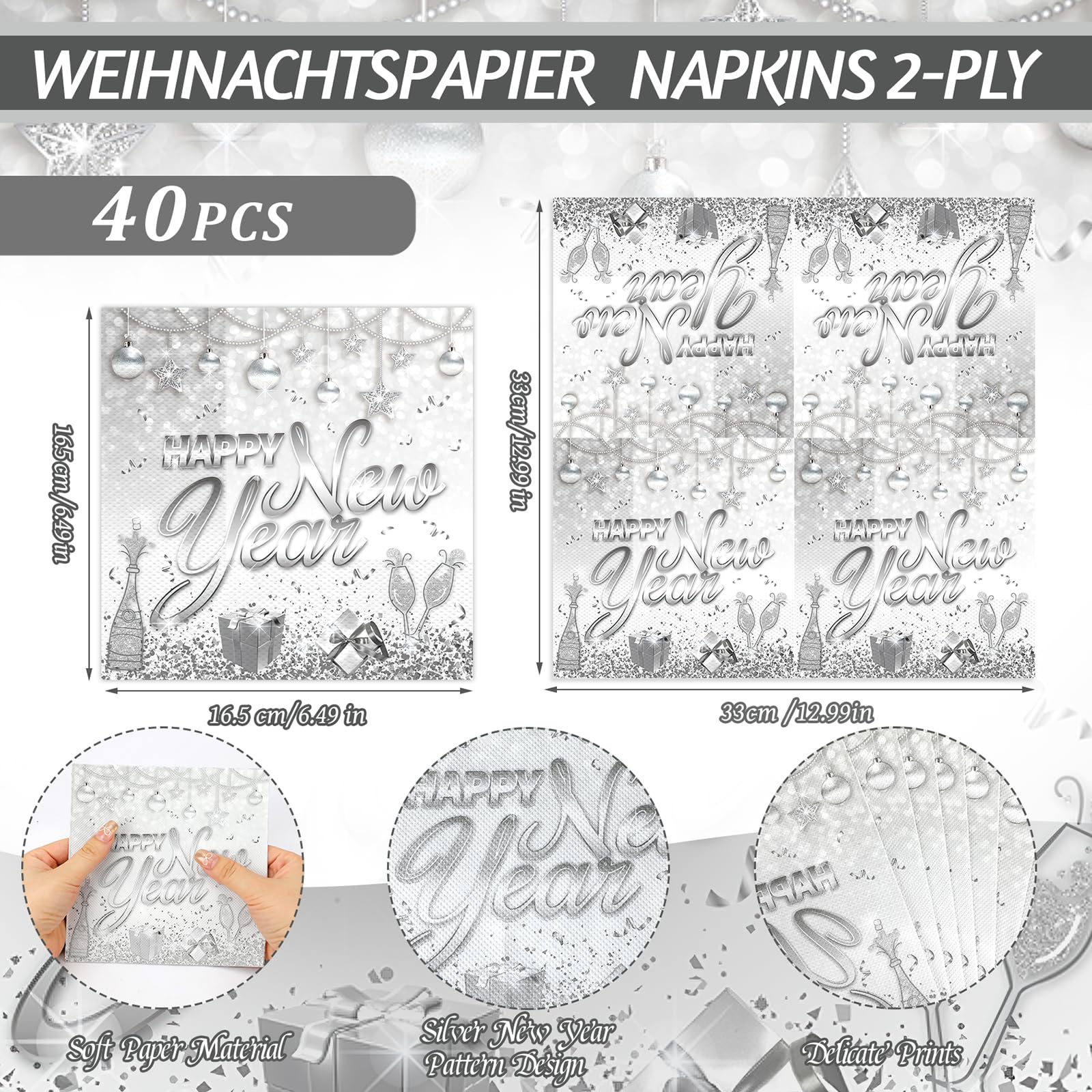 howaf-silvester-servietten-happy-new-year-40-st-ck-silber-33x33-cm image 2