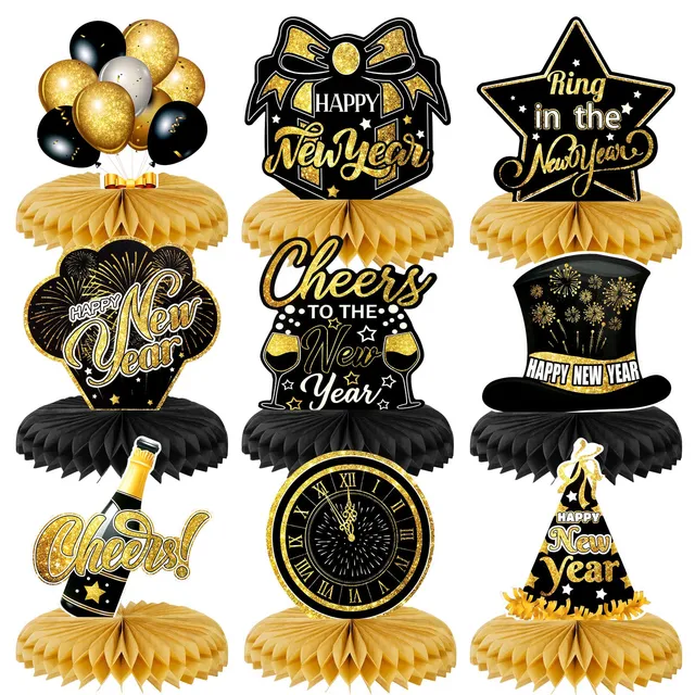 howaf-silvester-deko-2027-bienenwabe-tischdeko-schwarz-gold-9-stk image 1