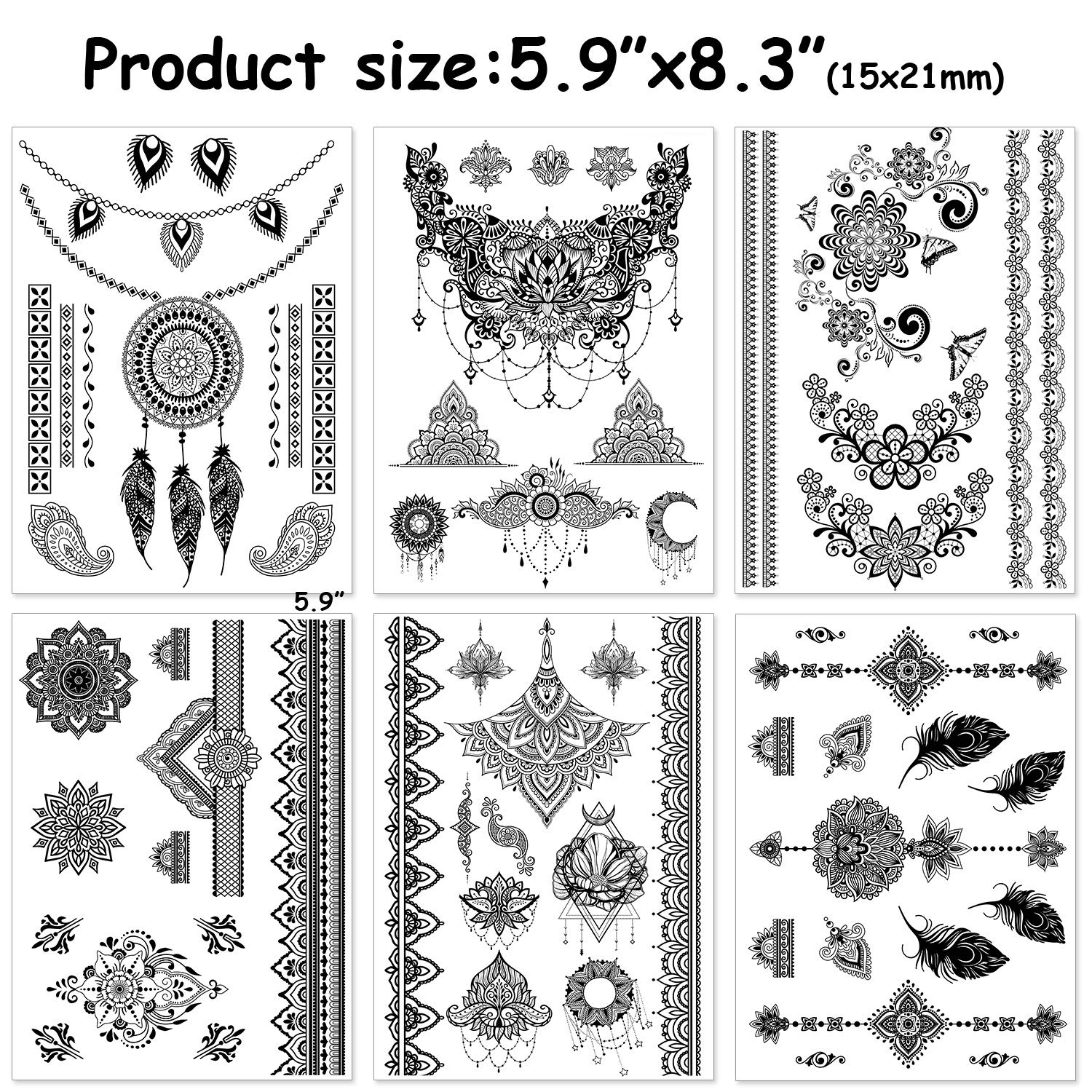 howaf-tempor-re-tattoos-schwarz-10-bl-tter-mandala-blume-feder image 4