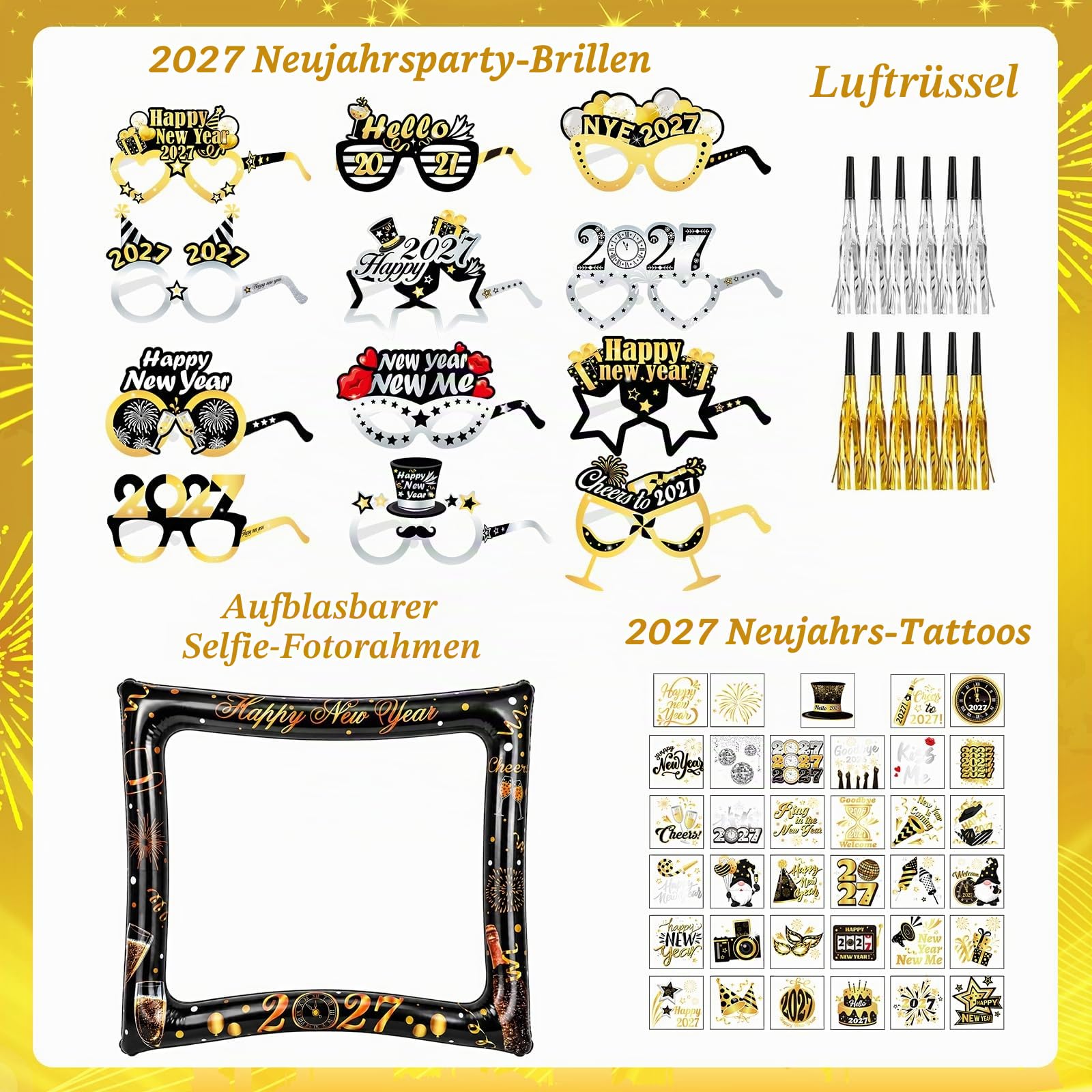 howaf-silvester-deko-set-fotorahmen-brillen-tattoos-schwarz-gold image 2