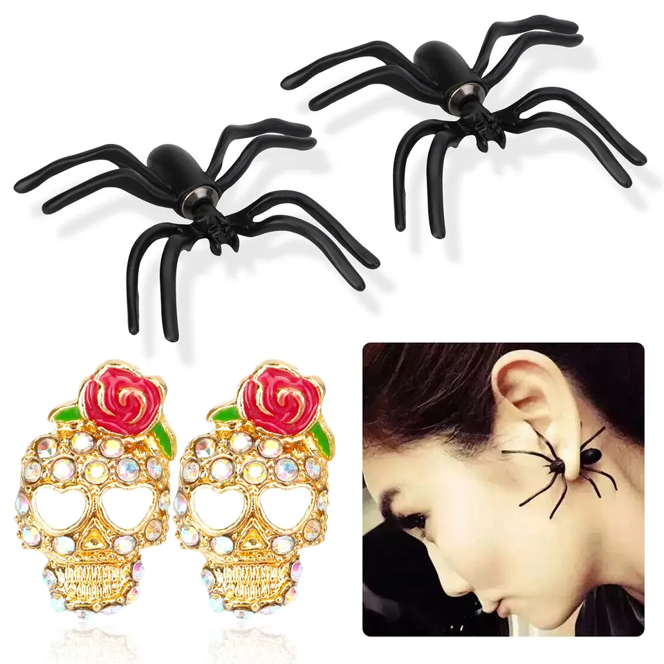 howaf-halloween-ohrringe-2-paare-spinne-totenkopf-ohrstecker image 1