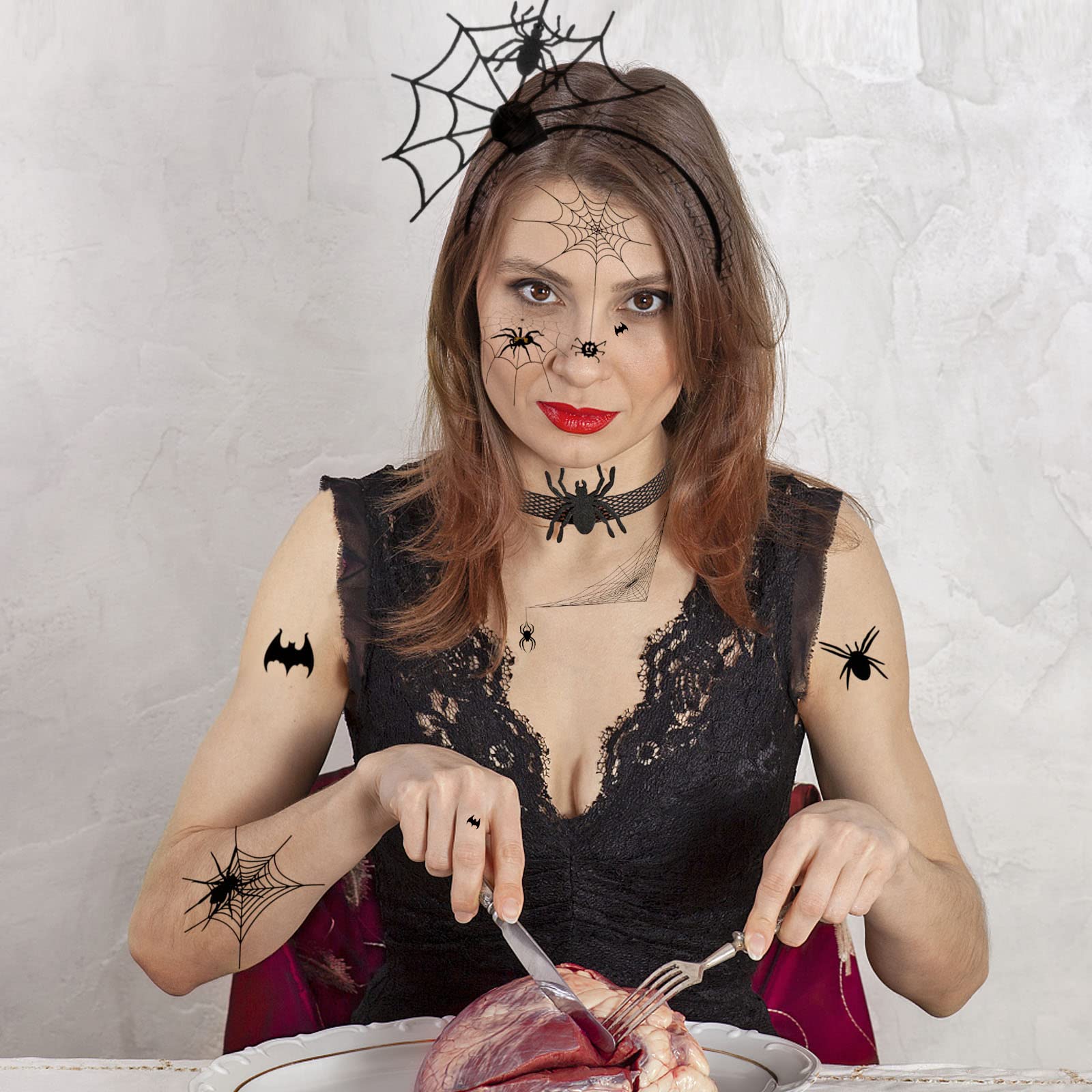 howaf-temporary-tattoos-spinnen-a-kost-mset-haarreif-halloween image 6