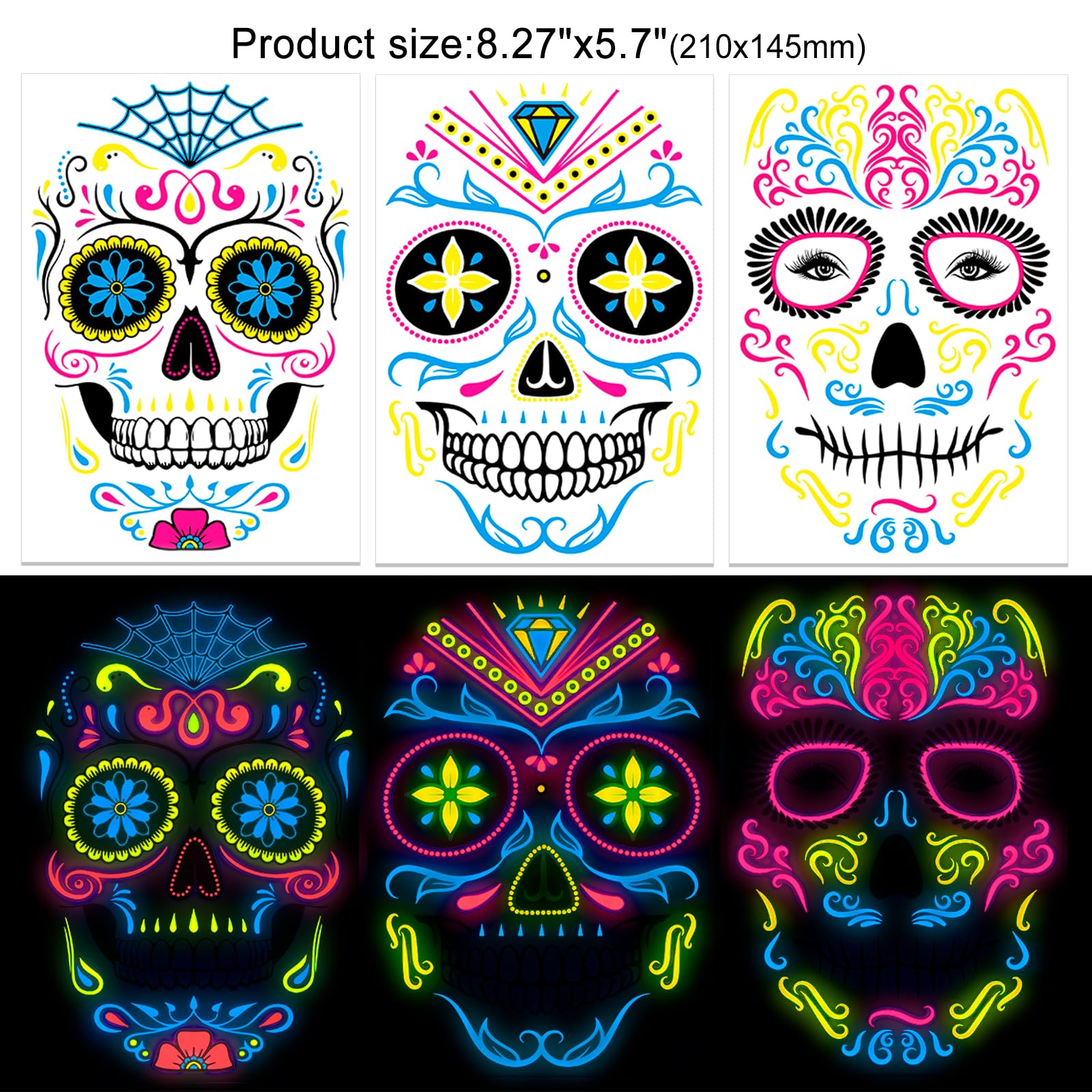 howaf-halloween-gesichtstattoos-neon-8-blatt-totenkopf image 3