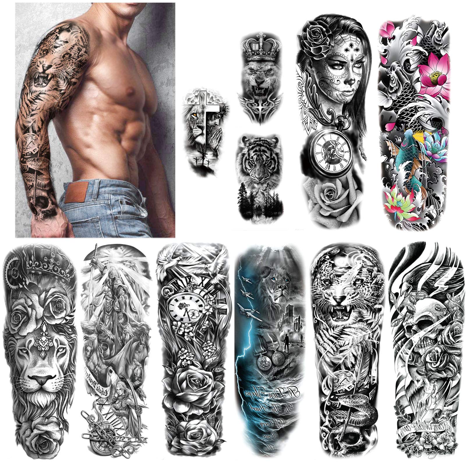 howaf-tempor-re-tattoos-full-arm-11-bl-tter-schwarz-wasserdicht image 1