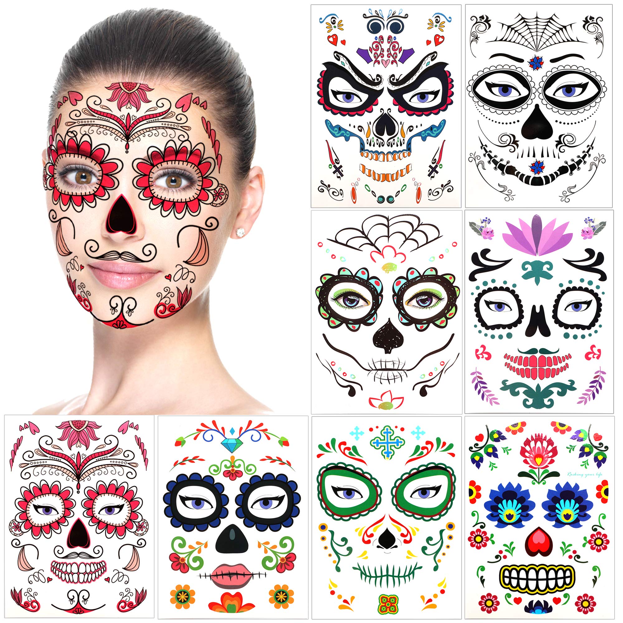 howaf-temporary-tattoos-halloween-gesicht-tag-der-toten-8-bl-tter image 1