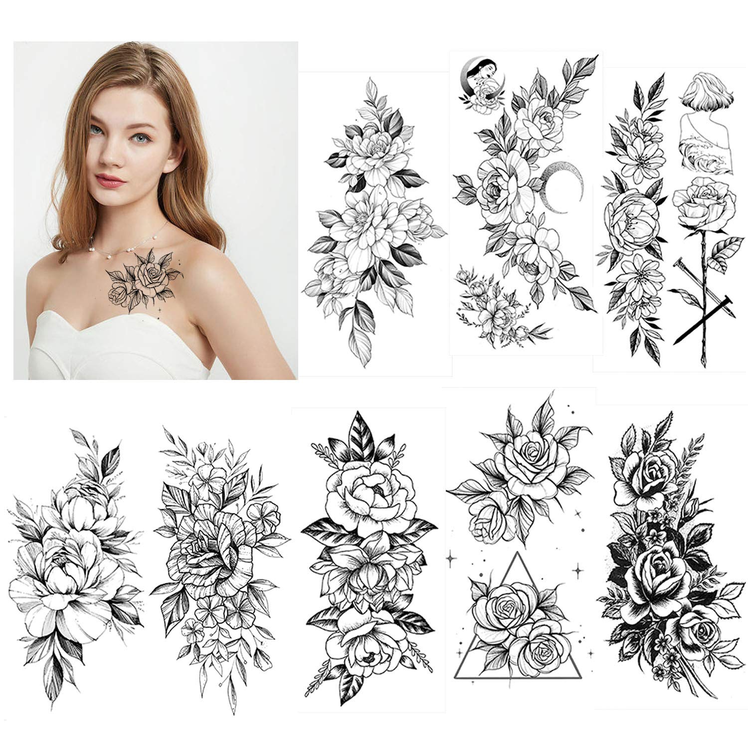 howaf-temporary-tattoos-schwarz-rose-8-bl-tter-blumen image 2