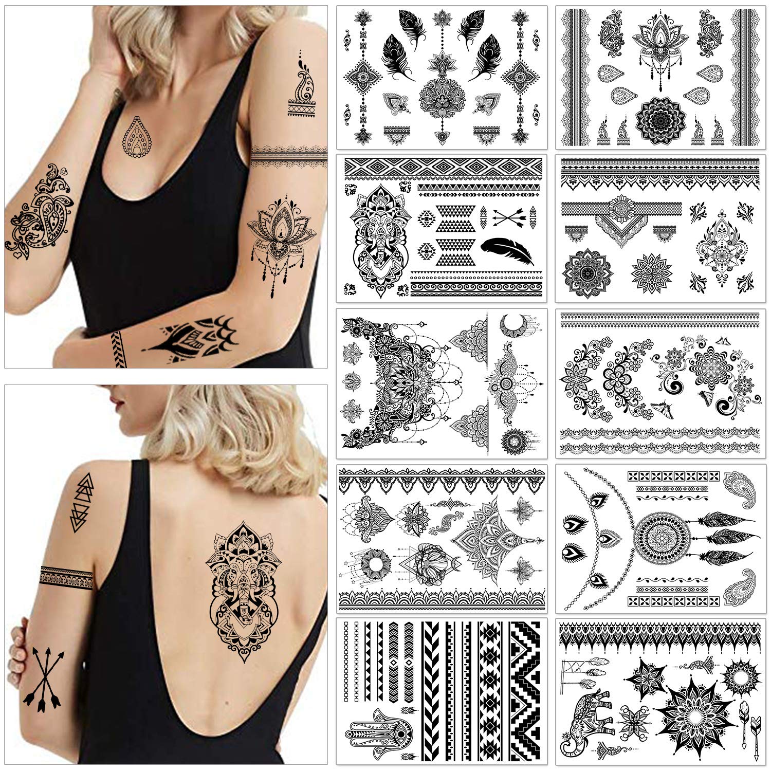 howaf-tempor-re-tattoos-schwarz-10-bl-tter-mandala-blume-feder image 1