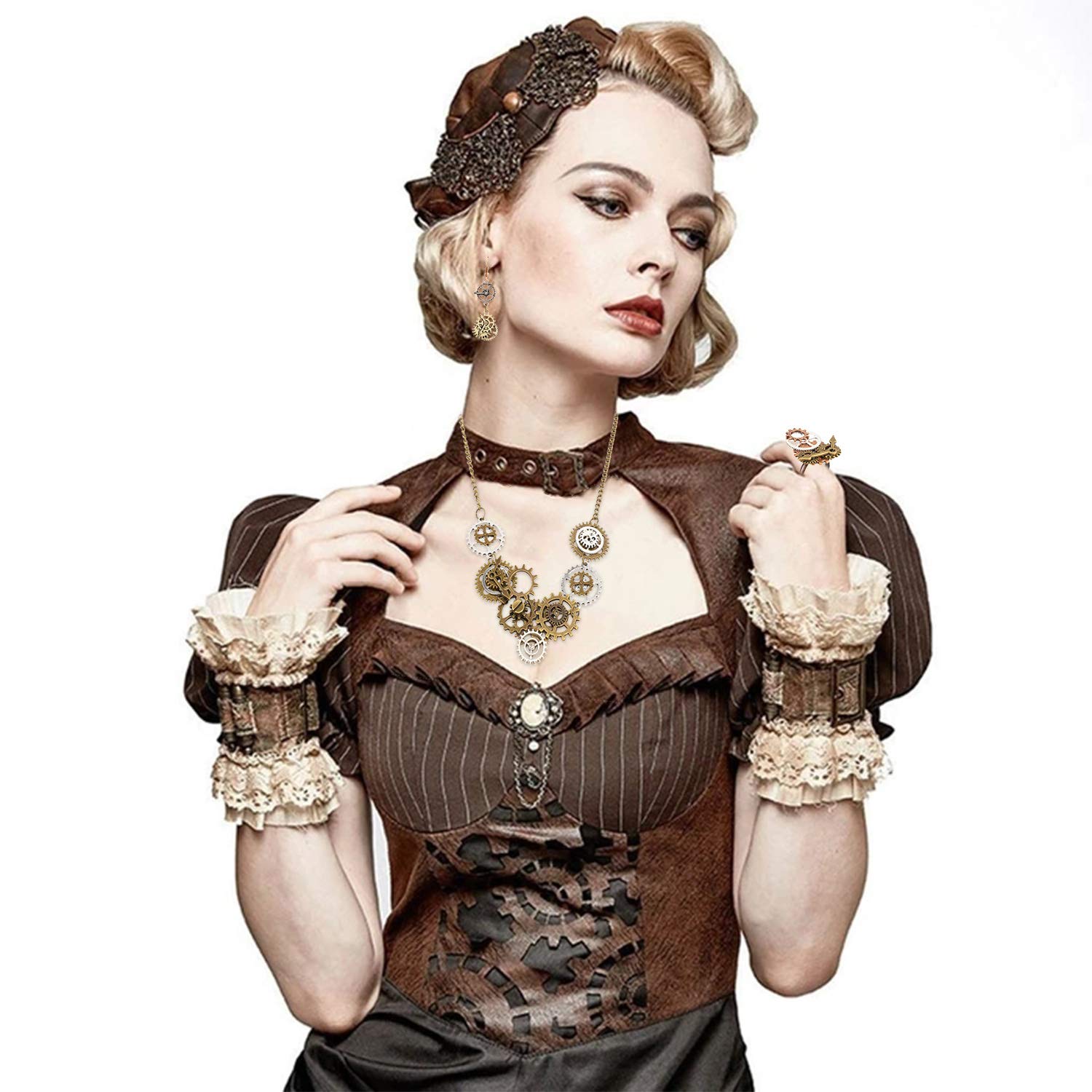 howaf-steampunk-zahnr-der-schmuckset-halskette-ohrringe-ring-damen image 7