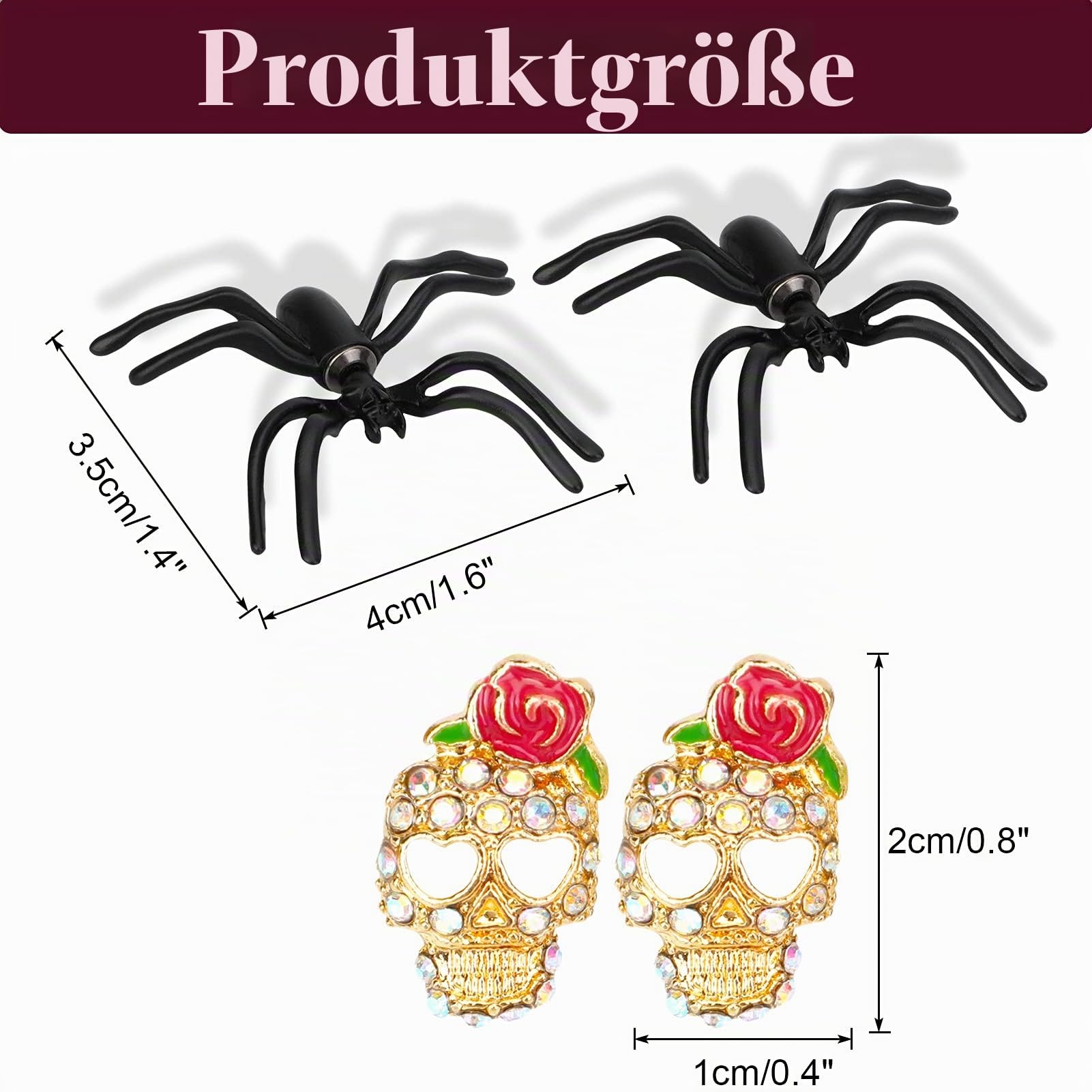howaf-halloween-ohrringe-2-paare-spinne-totenkopf-ohrstecker image 2