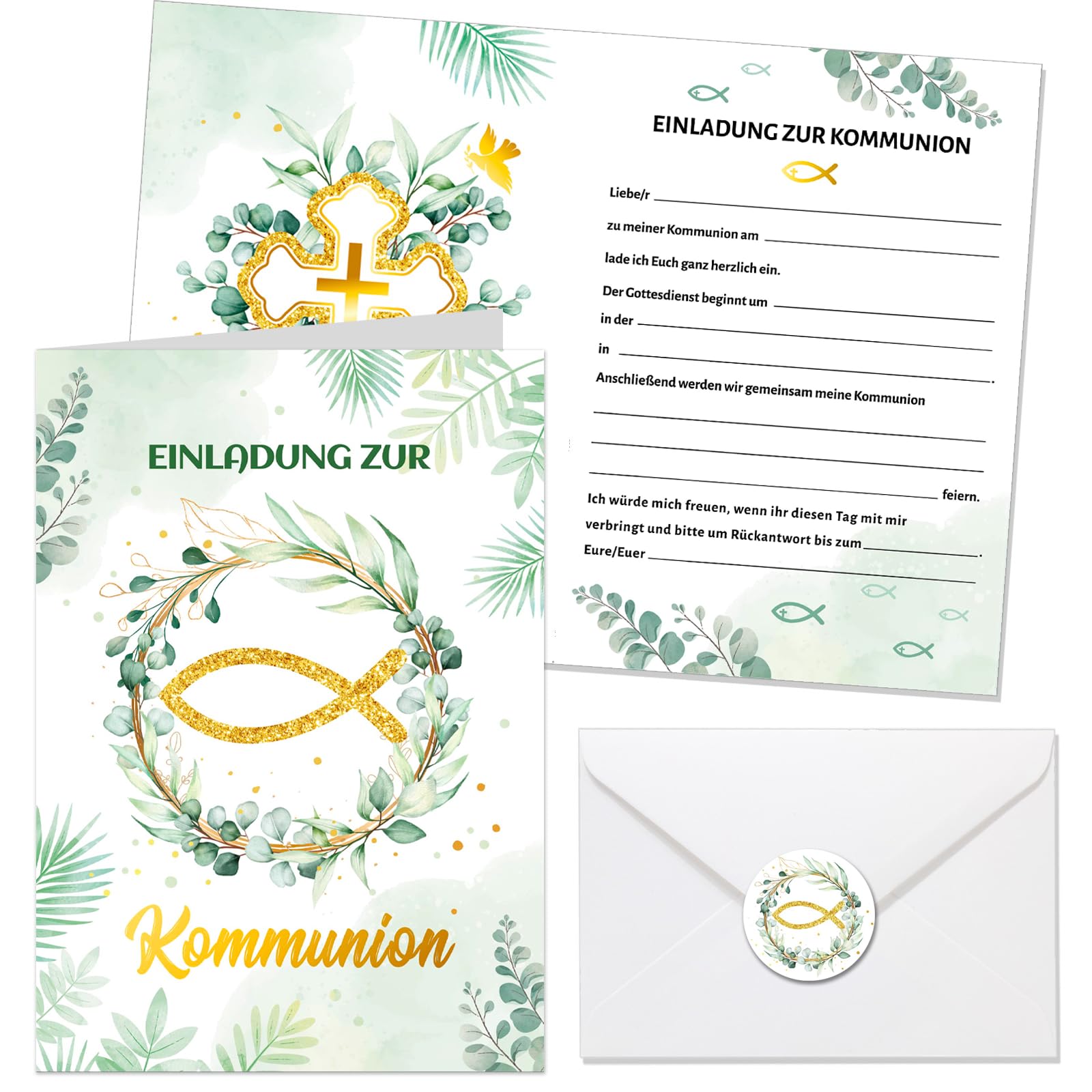 howaf-kommunion-einladungskarten-eucalyptus-12er-set-klappkarten image 1