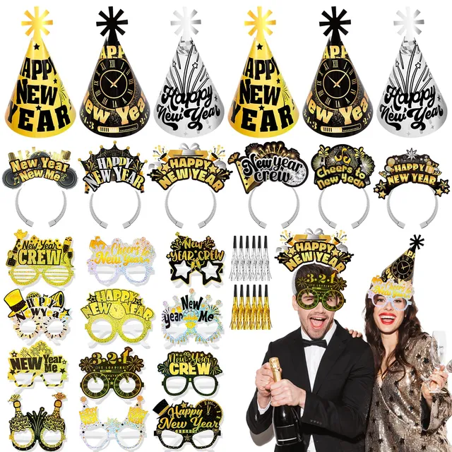 howaf-silvester-deko-2027-set-schwarz-gold-24-teilig-glitzer image 1