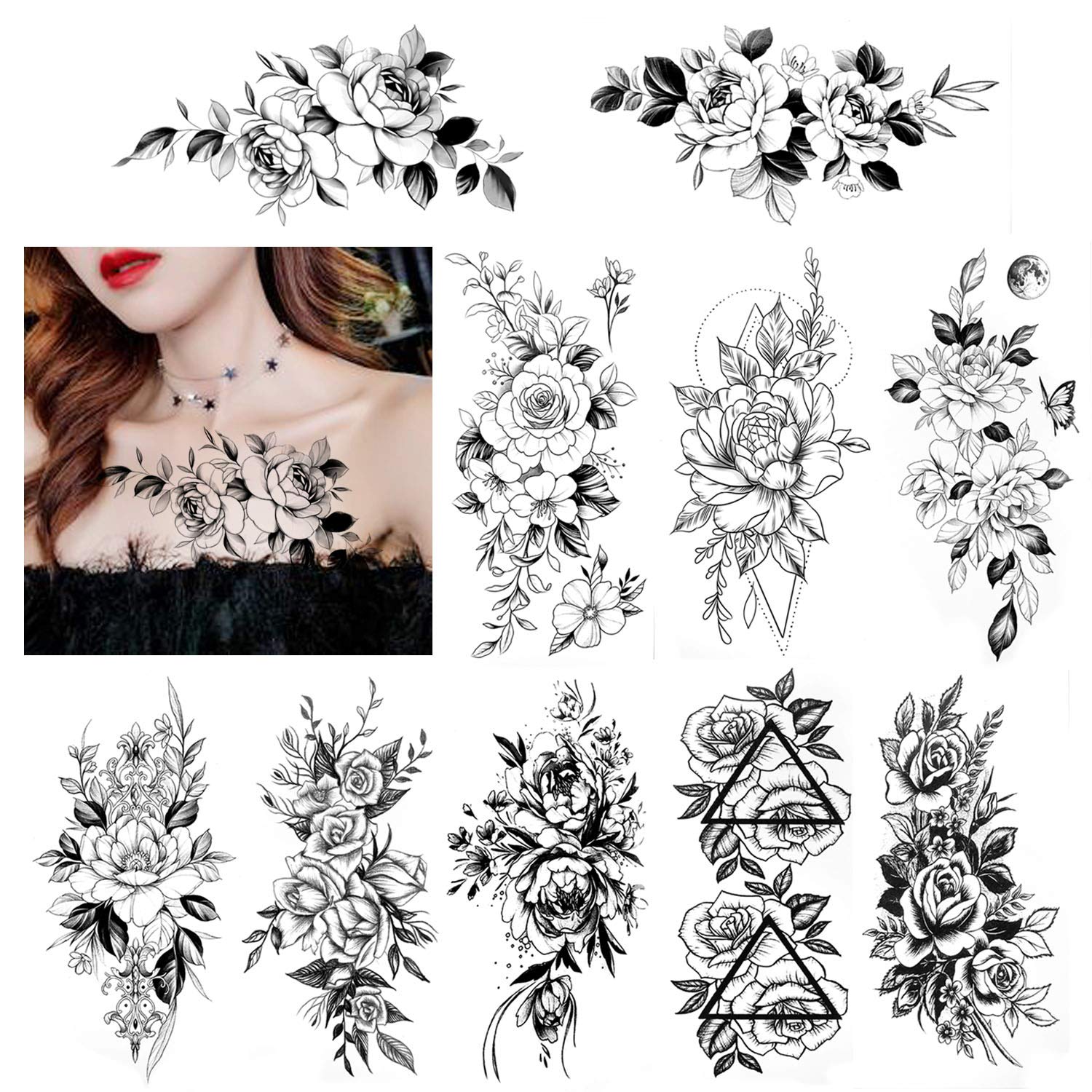 howaf-temporary-tattoos-blume-schwarz-10-bl-tter-wasserdicht image 2