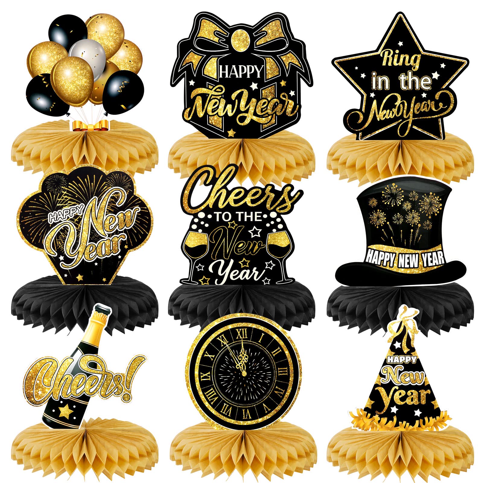 howaf-silvester-deko-2027-bienenwabe-tischdeko-schwarz-gold-9-stk image 1