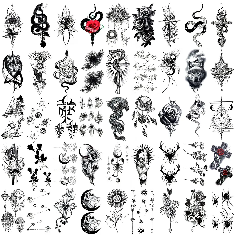 howaf-temporary-tattoos-45-blatt-rote-rose-tattoo-aufkleber-schwarz image 1