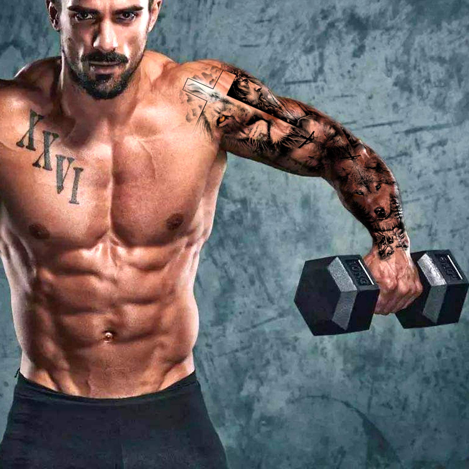 howaf-full-arm-tattoos-tempor-r-wolf-l-we-8-bl-tter-wasserdicht image 7