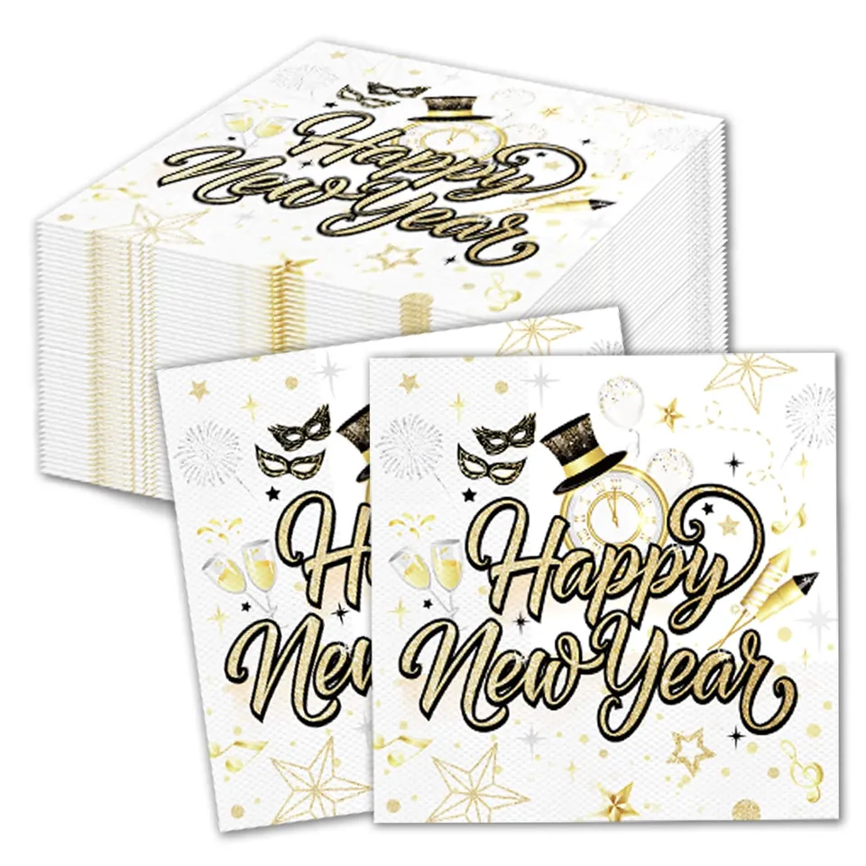 howaf-happy-new-year-servietten-silvester-wei-gold-40-st-ck-33x33 image 1