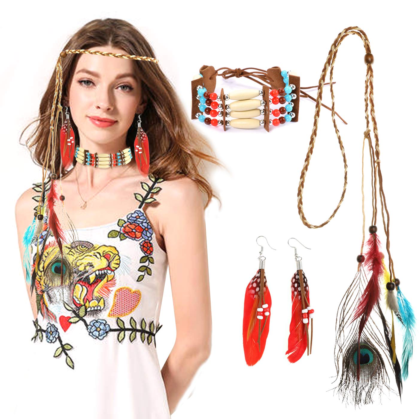 howaf-indianer-kopfschmuck-damen-stirnband-federn-boho-set image 2