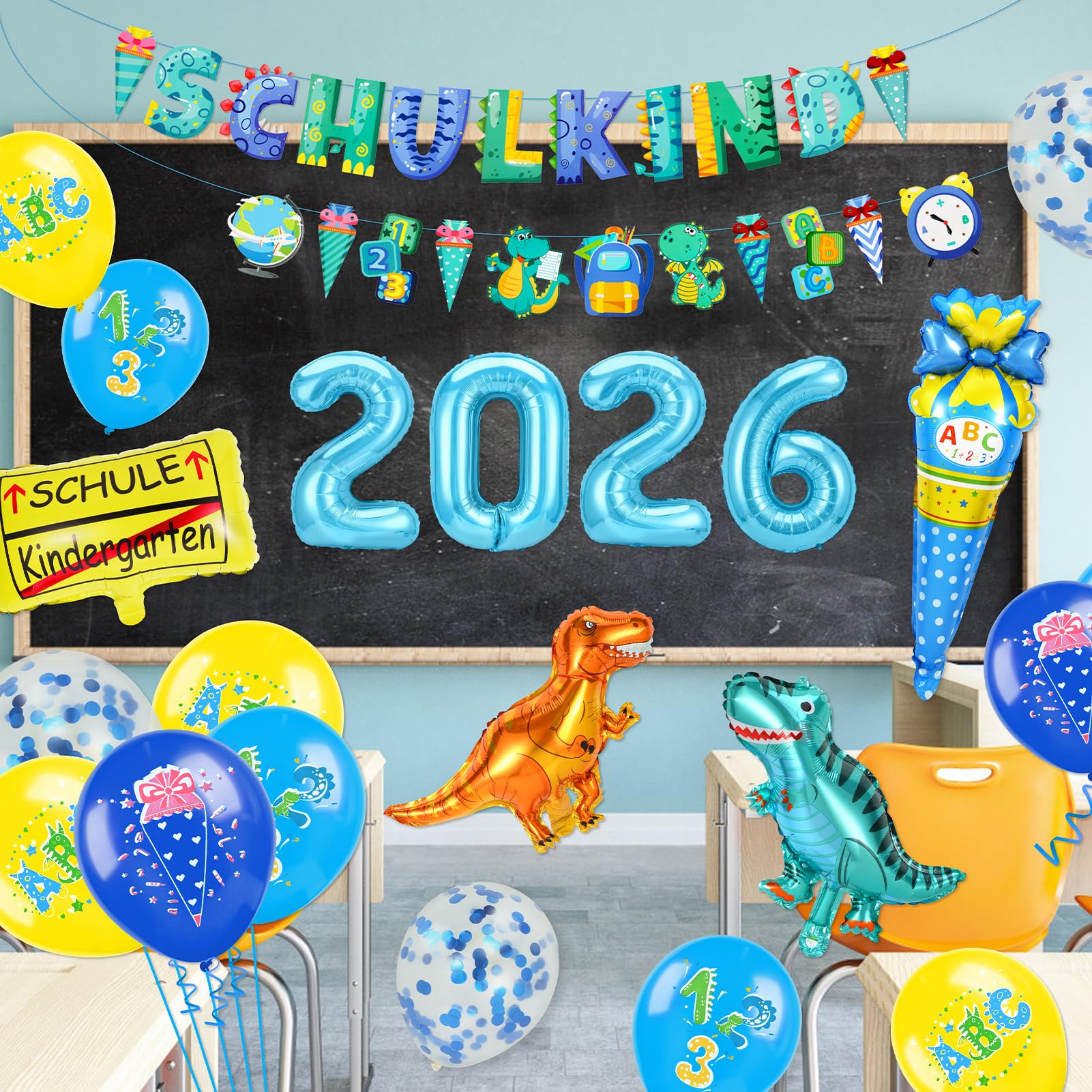 howaf-balloons-dino-einschulung-deko-2026-blau-set image 6