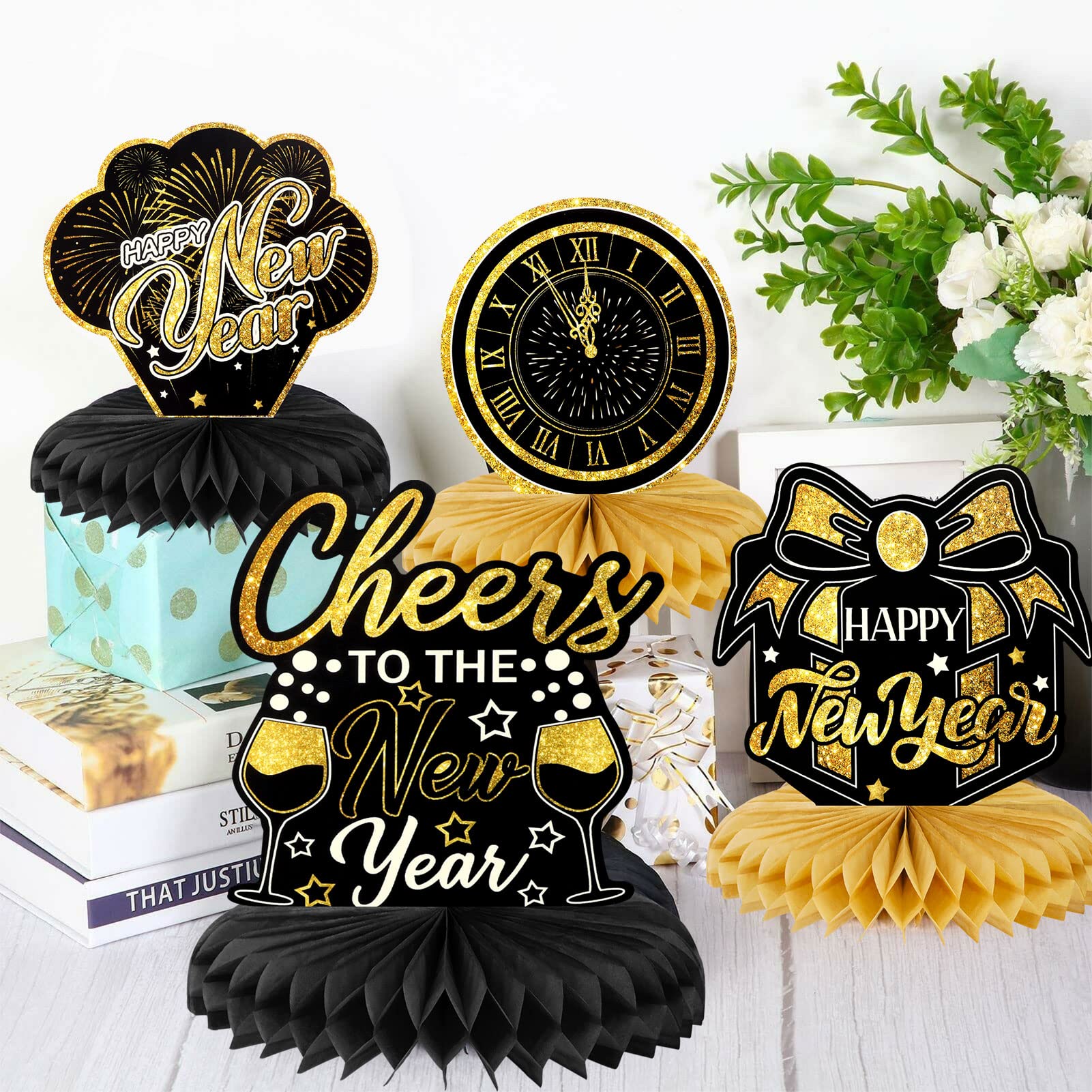 howaf-silvester-deko-2027-bienenwabe-tischdeko-schwarz-gold-9-stk image 5