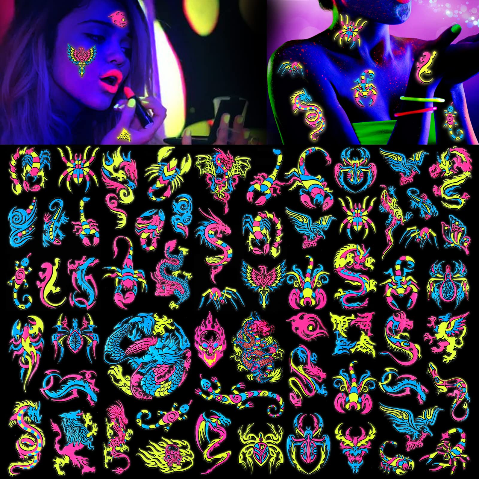 howaf-temporary-tattoos-neon-tattoo-schwarzlicht-10-bl-tter-drachen image 1