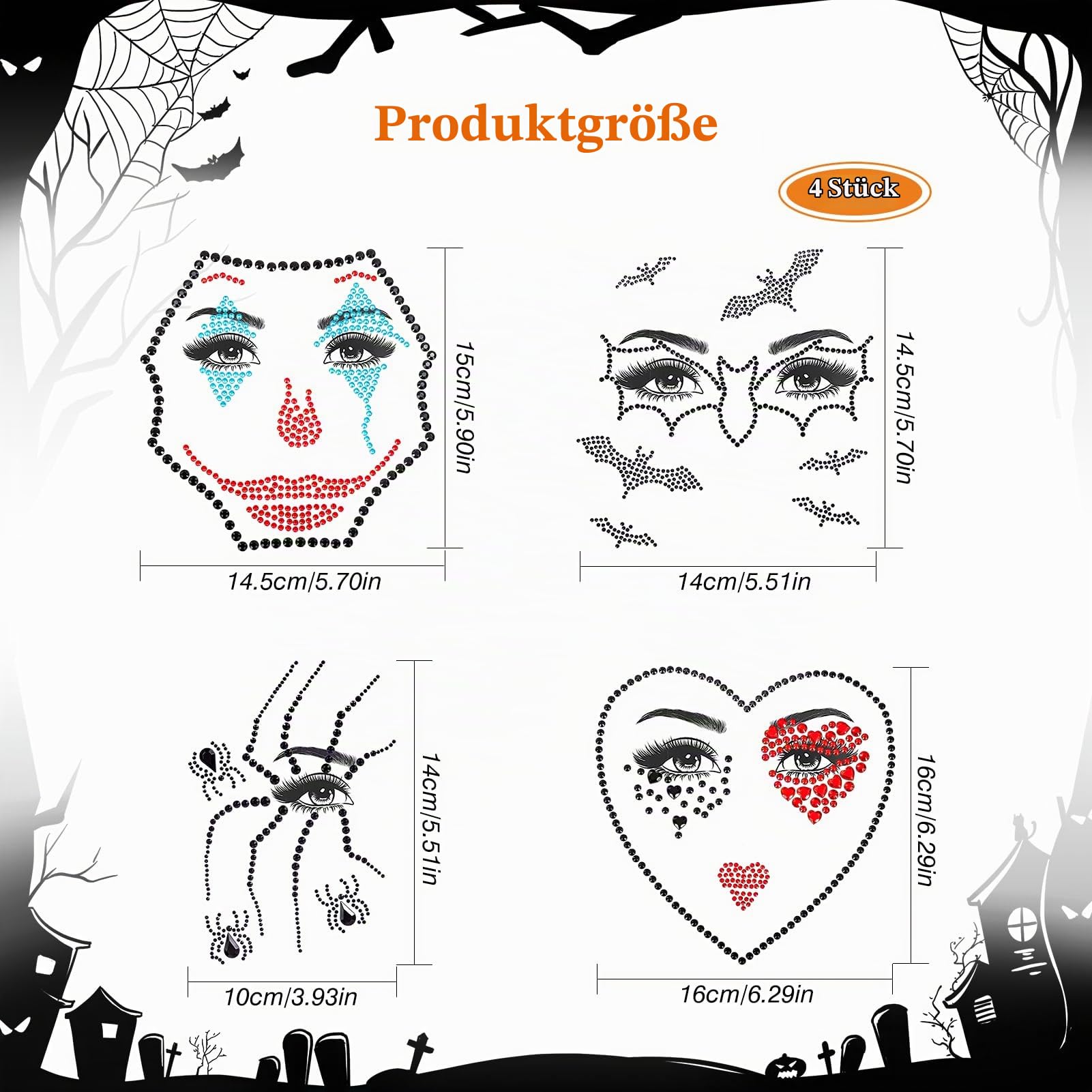 howaf-halloween-tattoo-gesicht-edelsteine-set-4-st-ck-glitzer image 2