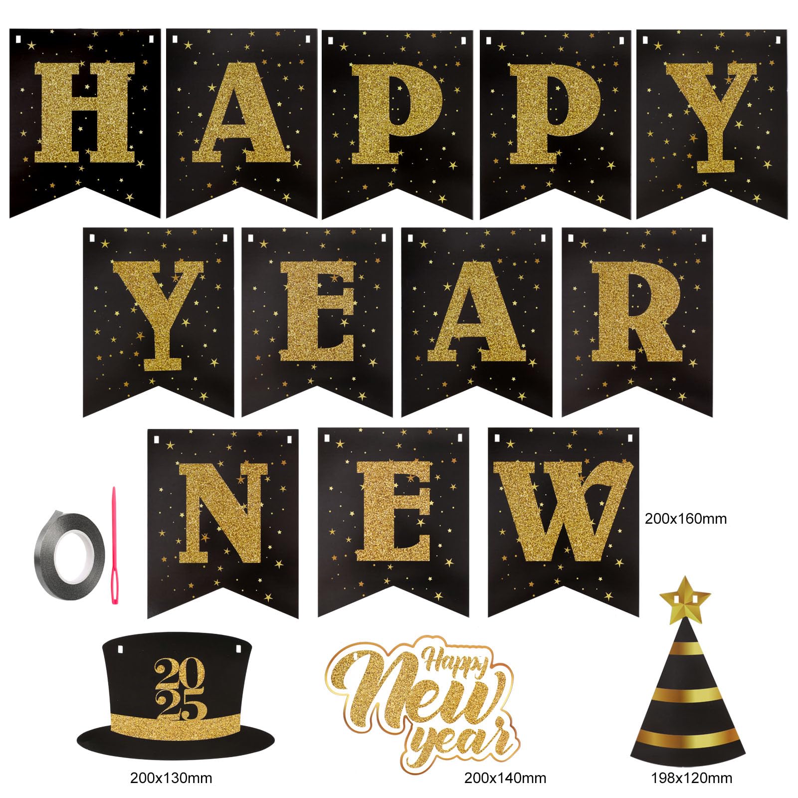 howaf-frohes-neues-jahr-banner-schwarz-gold-glitzer-papier image 2