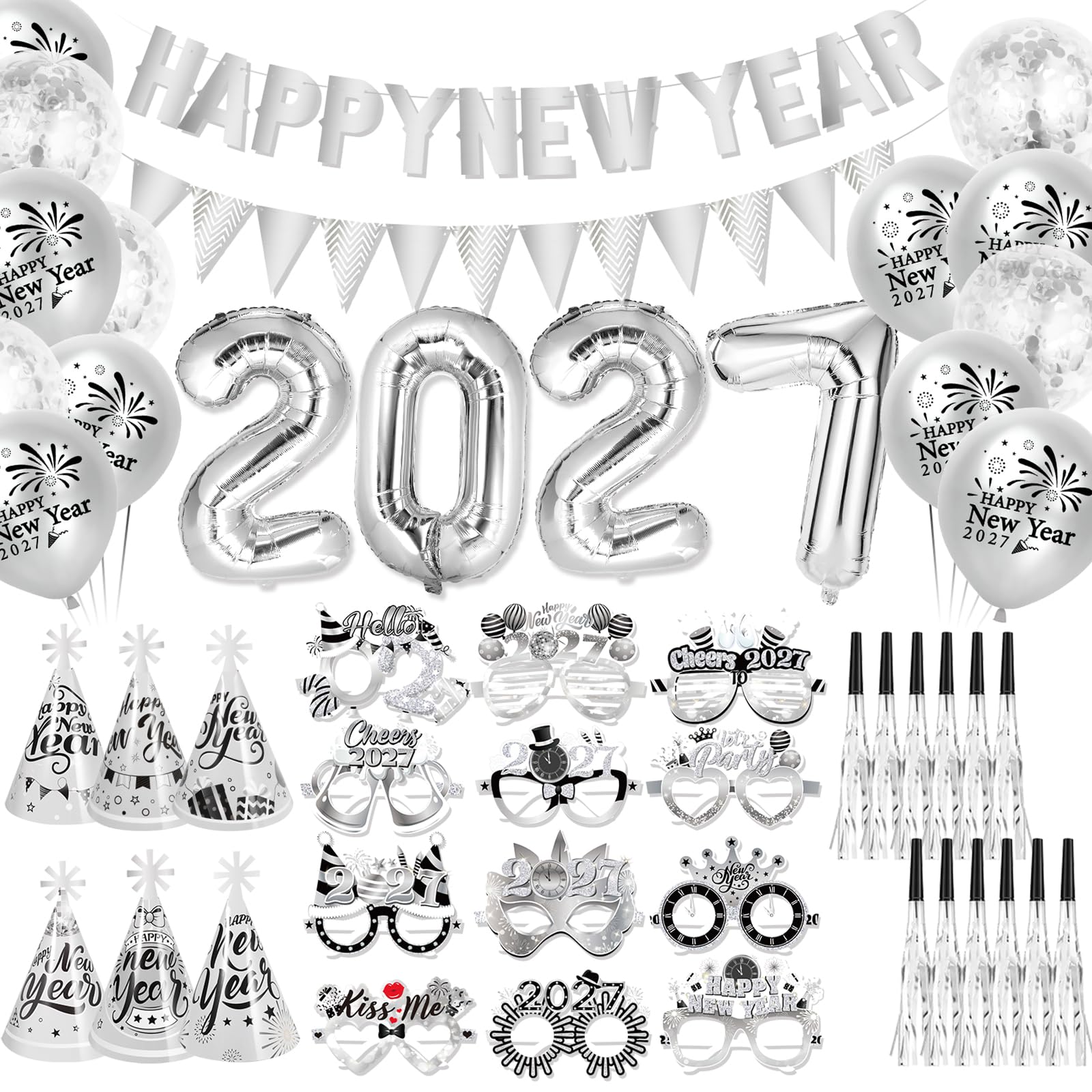 howaf-silvester-deko-2027-set-silber-happy-new-year-banner-ballons image 1