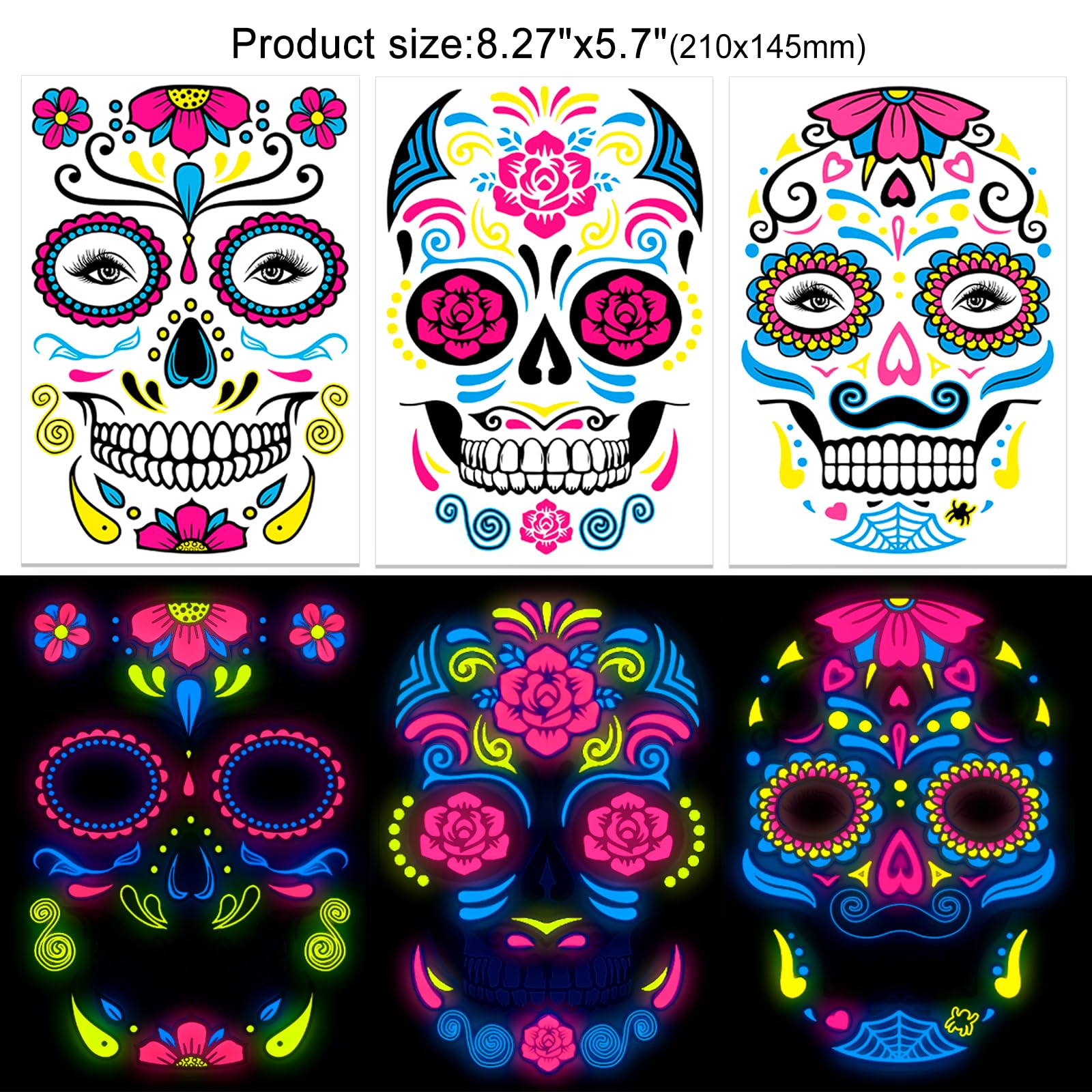 howaf-halloween-gesichtstattoos-neon-8-blatt-totenkopf image 2