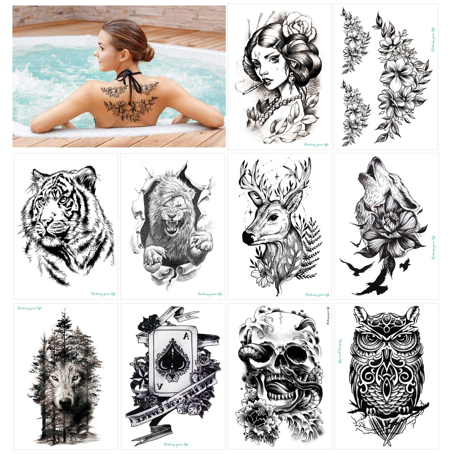 howaf-tempor-re-tattoos-schwarz-gro-10-blatt-l-we-tiger-wasserfest image 2