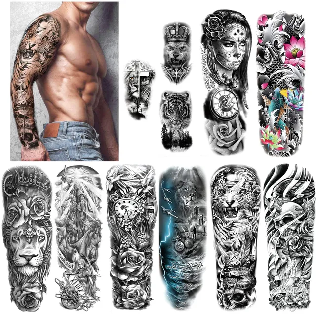 howaf-tempor-re-tattoos-full-arm-11-bl-tter-schwarz-wasserdicht image 1