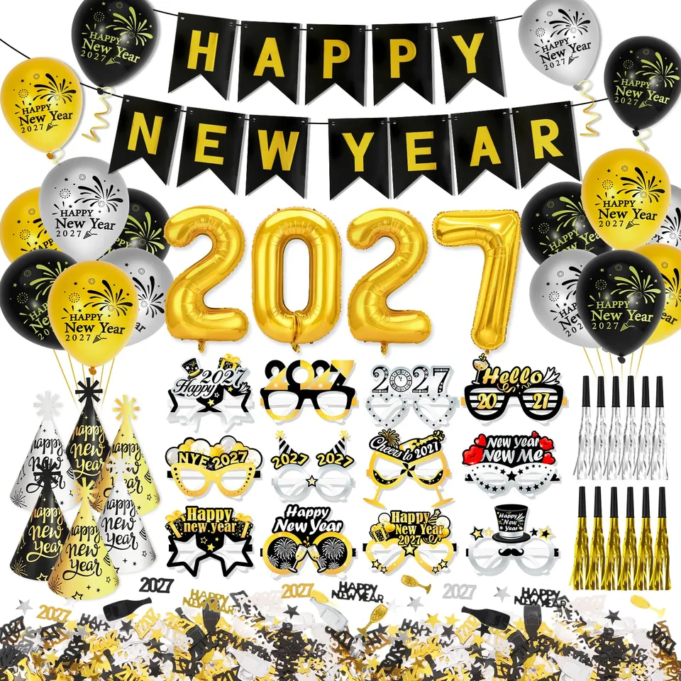 howaf-silvester-deko-2027-set-schwarz-gold-mit-ballons image 1