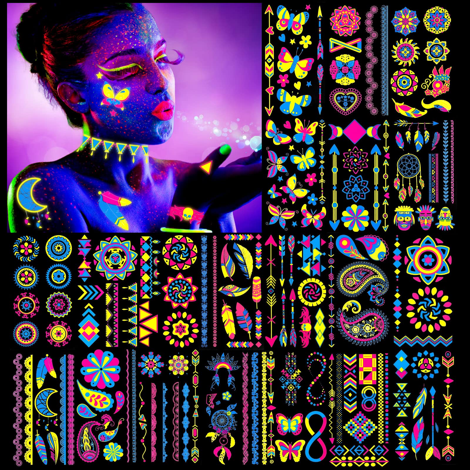 howaf-temporary-tattoos-neon-klebetattoos-20-bl-tter-uv image 1