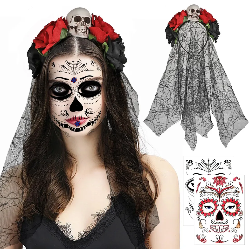 howaf-tag-der-toten-haarreif-schwarz-mit-schleier-und-tattoo image 1