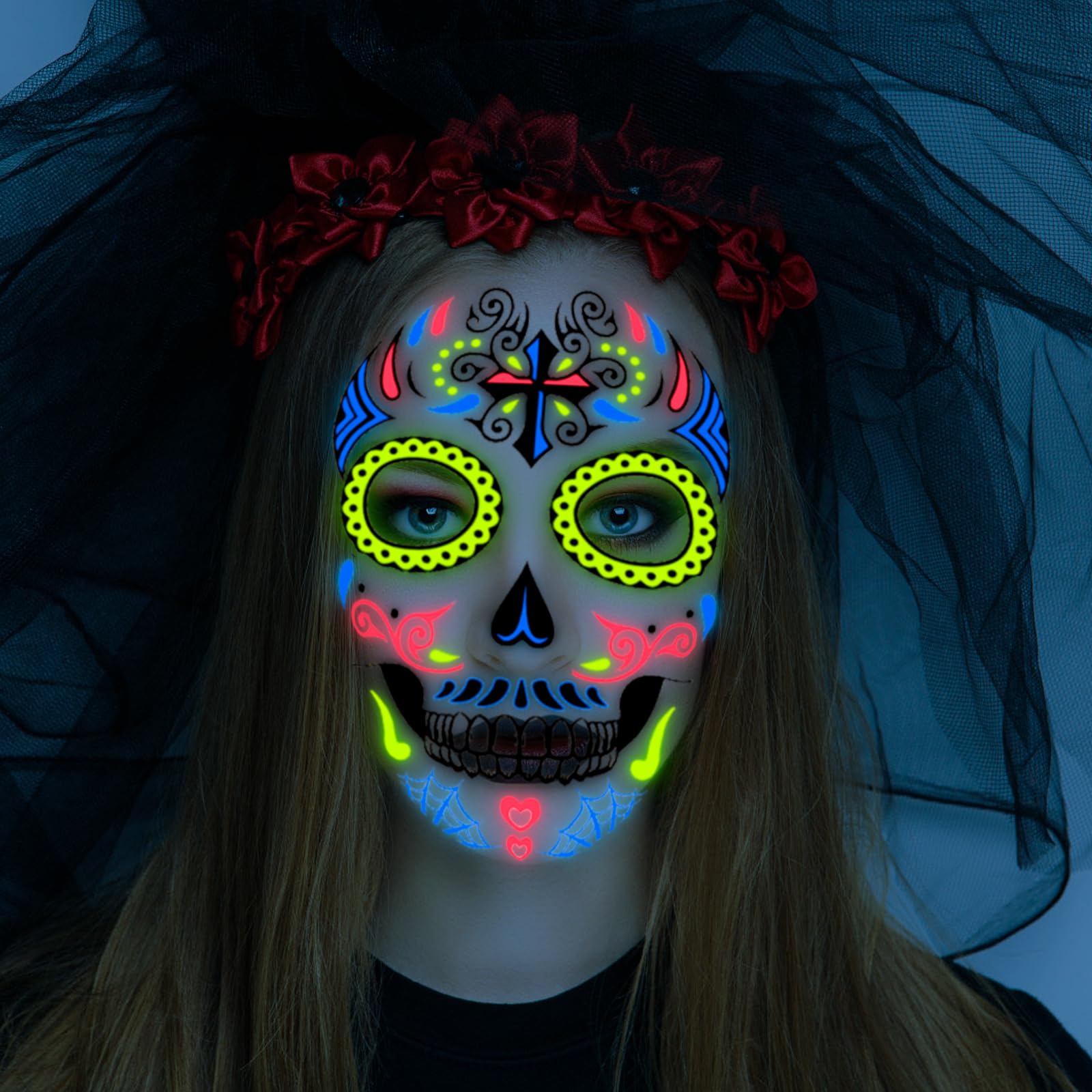 howaf-halloween-gesichtstattoos-neon-8-blatt-totenkopf image 7