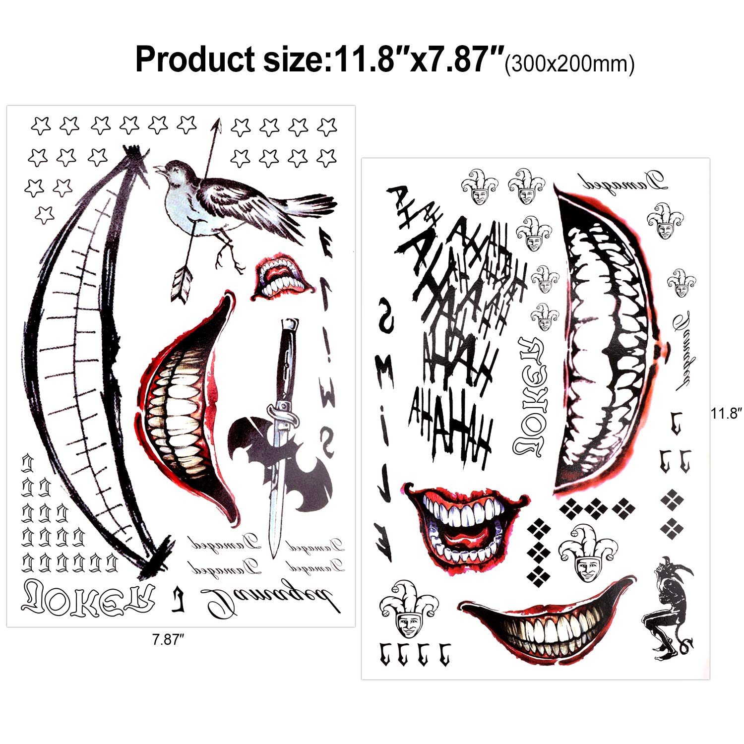 howaf-temporary-tattoos-joker-halloween-gesichtstattoos-8-blatt-clown image 3