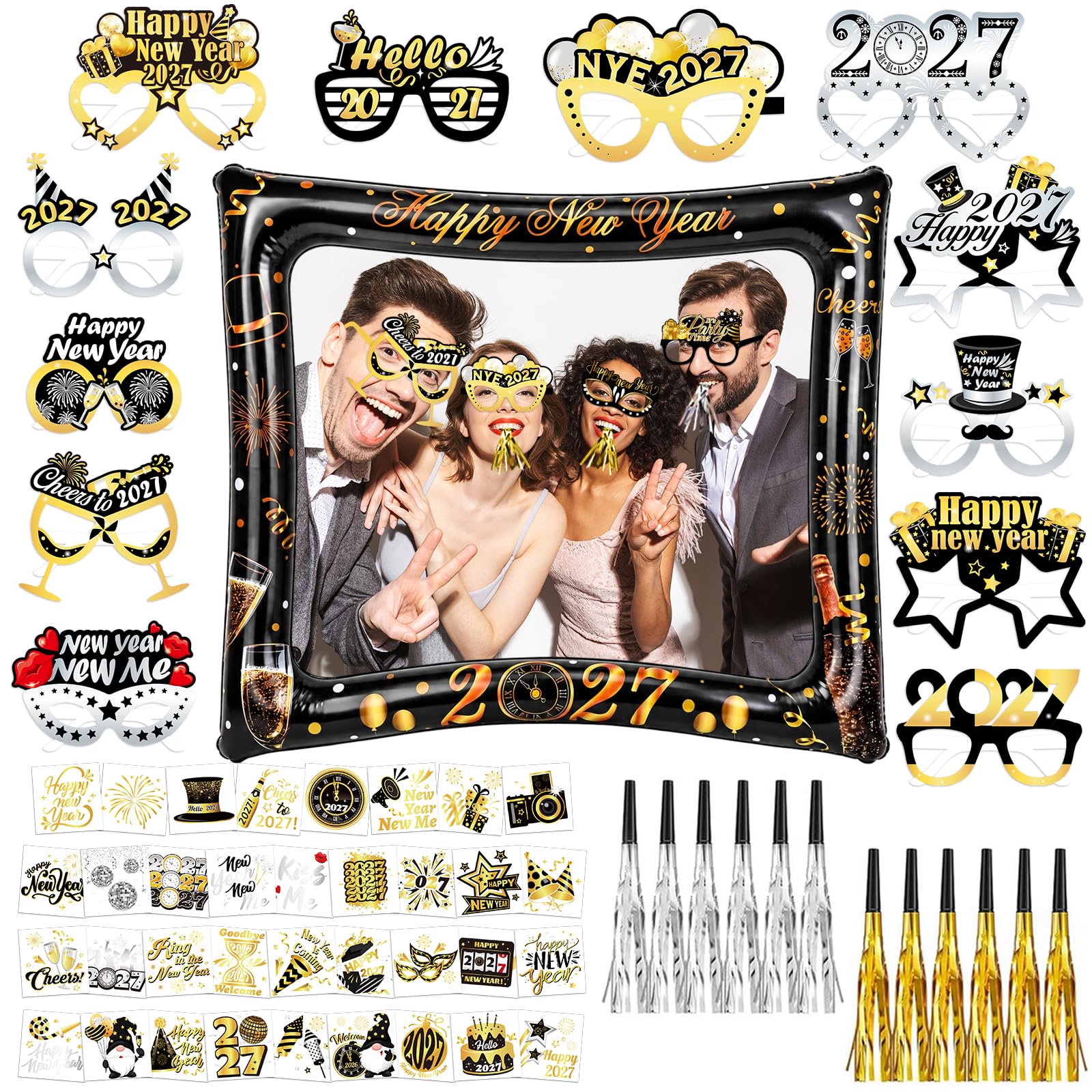 howaf-silvester-deko-set-fotorahmen-brillen-tattoos-schwarz-gold image 1