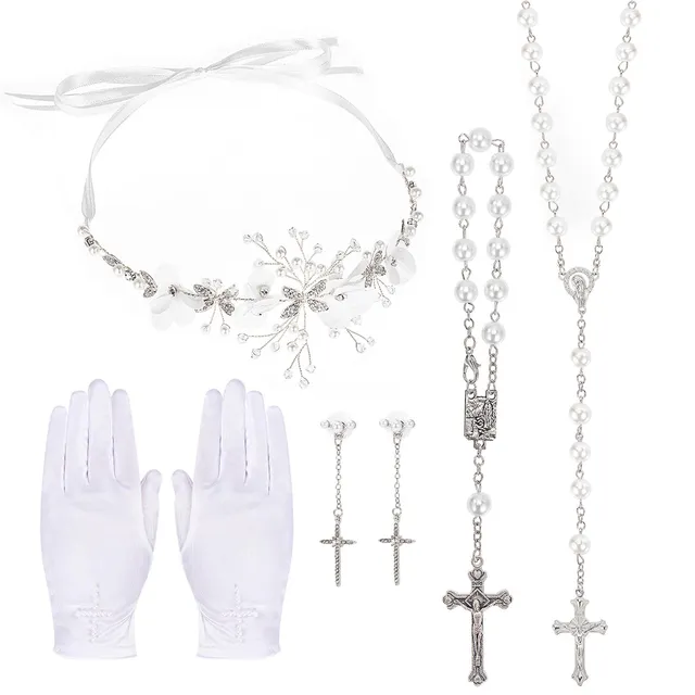 howaf-kommunion-set-5-teilig-haarschmuck-wei-mit-handschuhe image 1