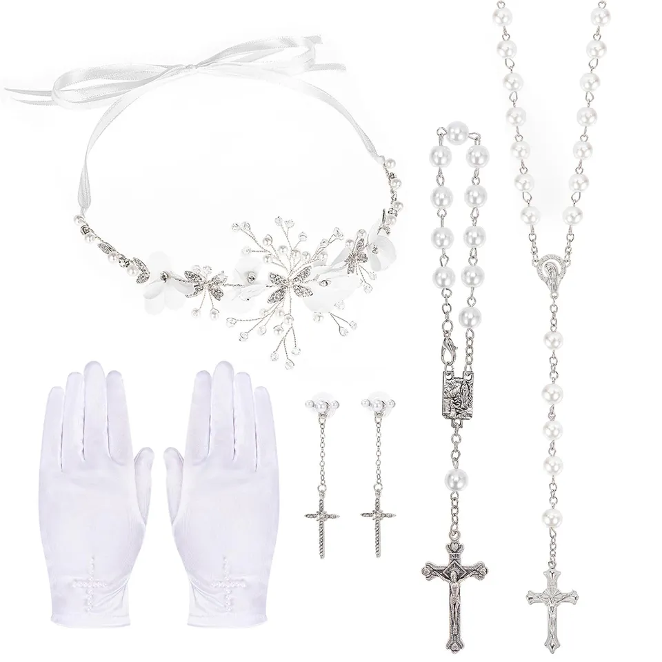 howaf-kommunion-set-5-teilig-haarschmuck-wei-mit-handschuhe image 1