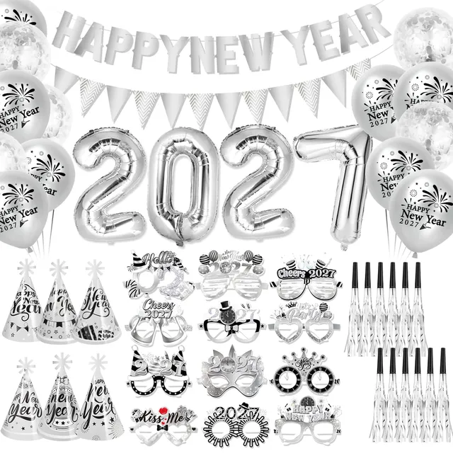 howaf-silvester-deko-2027-set-silber-happy-new-year-banner-ballons image 1