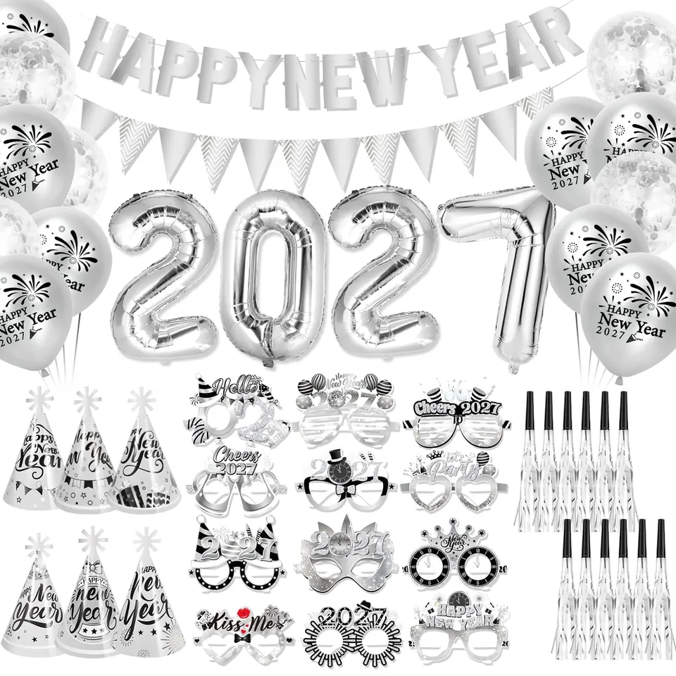 howaf-silvester-deko-2027-set-silber-happy-new-year-banner-ballons image 1
