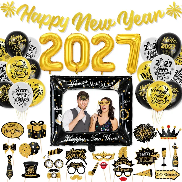 howaf-silvester-deko-2027-set-schwarz-gold-mit-ballons-2 image 1