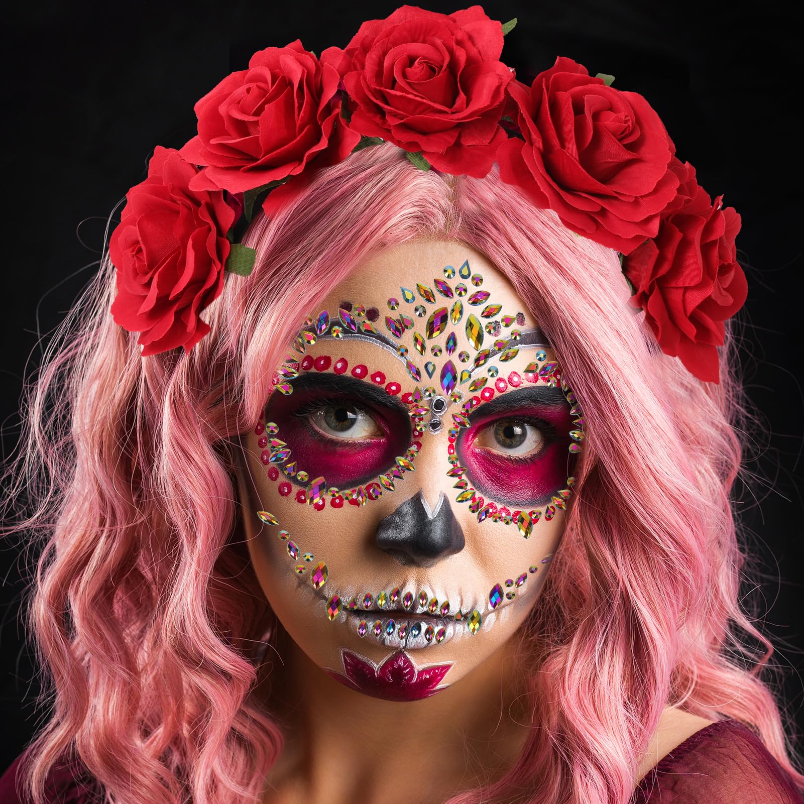 howaf-tag-der-toten-haarreif-rosen-4-gesichtstattoos-set image 4