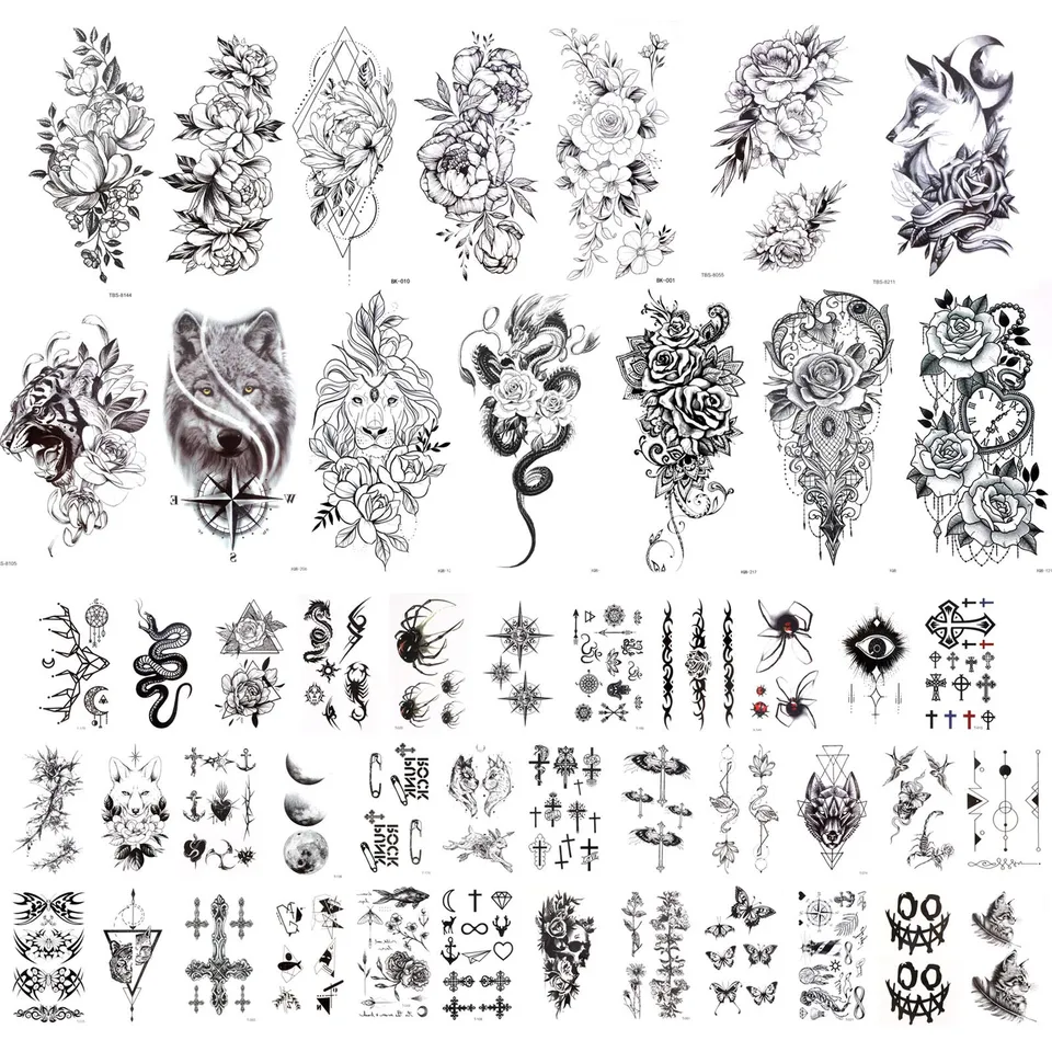 howaf-temporary-tattoos-schwarz-rose-blume-50-blatt-wasserdicht image 1