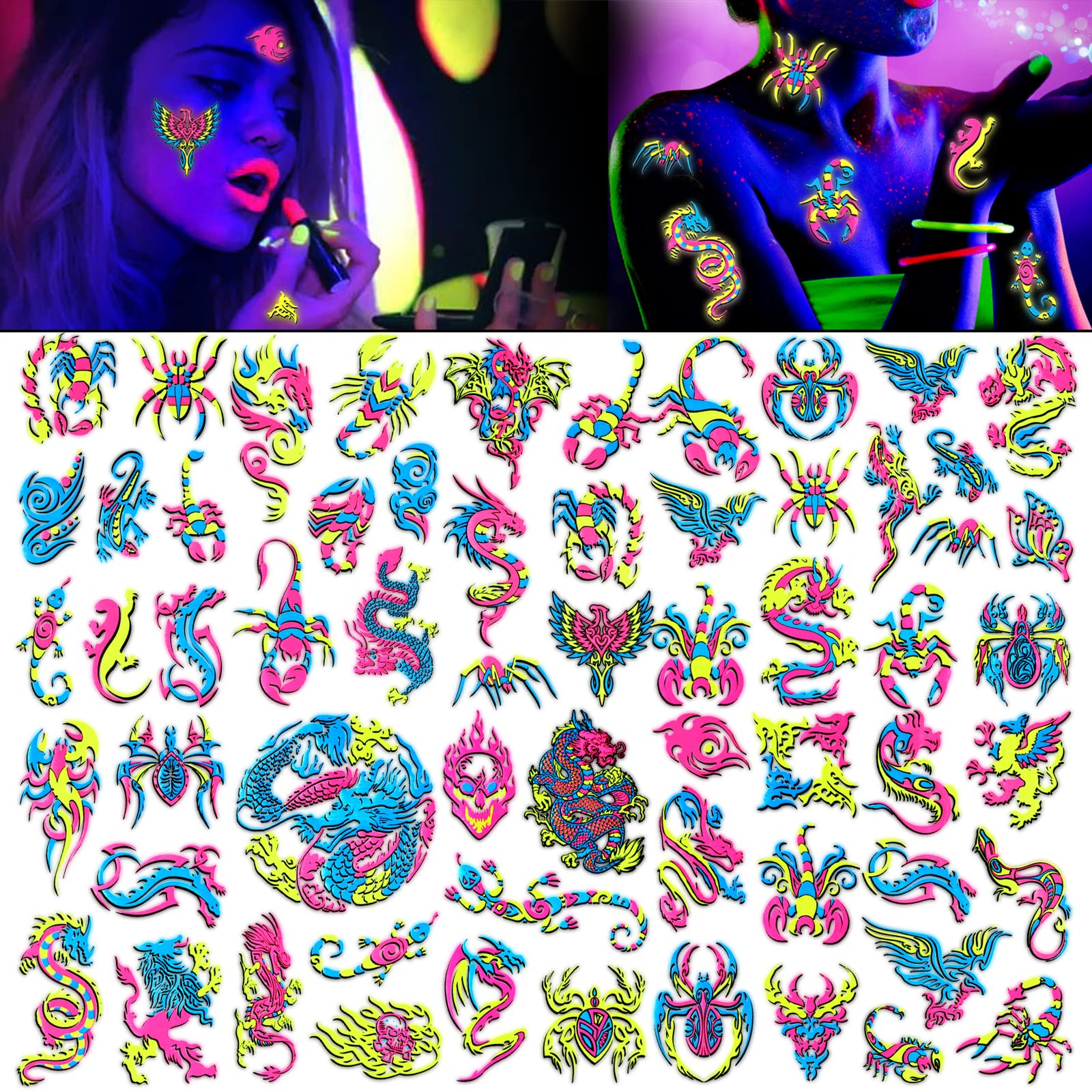 howaf-temporary-tattoos-neon-tattoo-schwarzlicht-10-bl-tter-drachen image 8